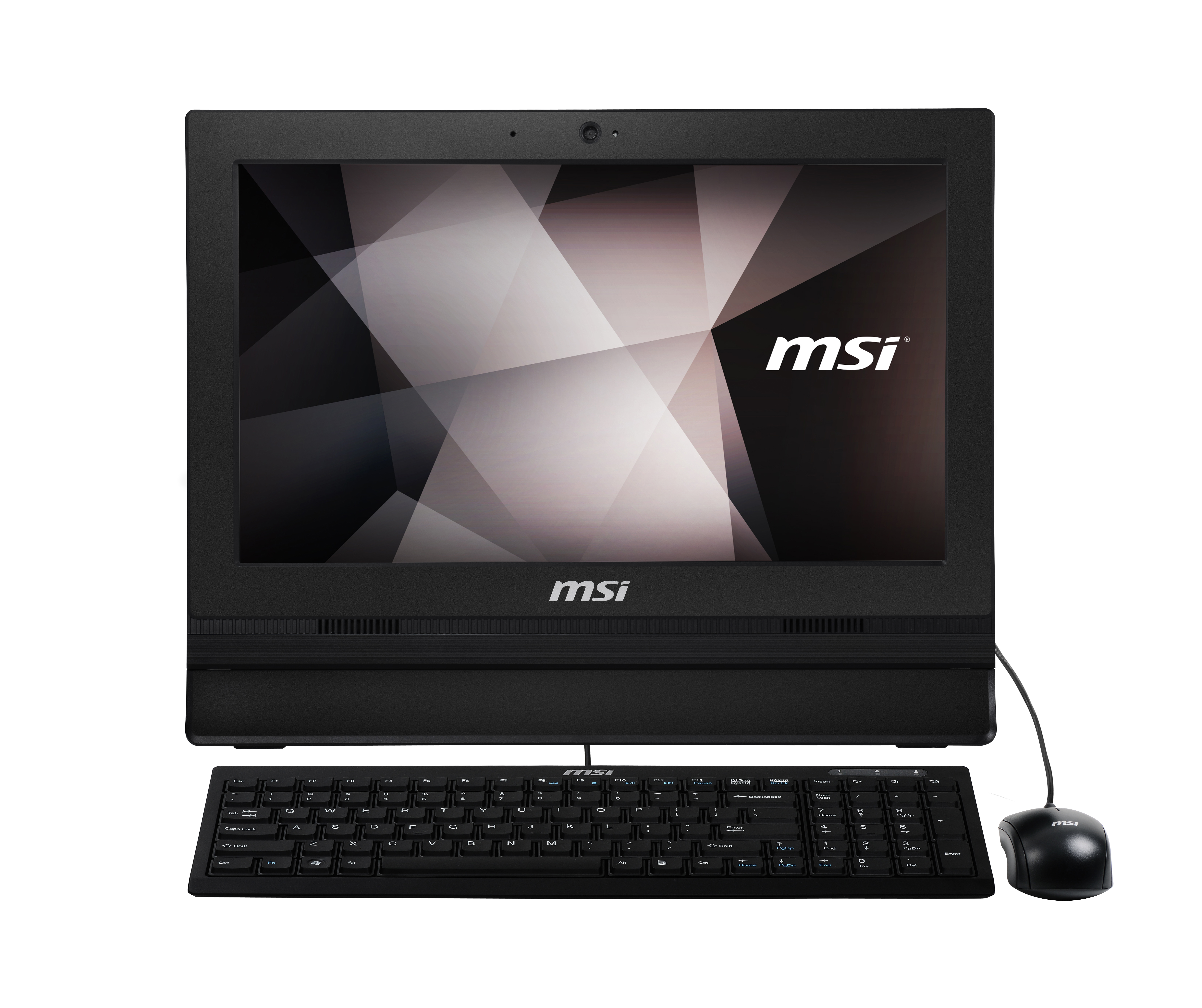 Czarny komputer stacjonarny MSI all-in-one z klawiaturą i myszą. Ekran czarny z logo MSI.