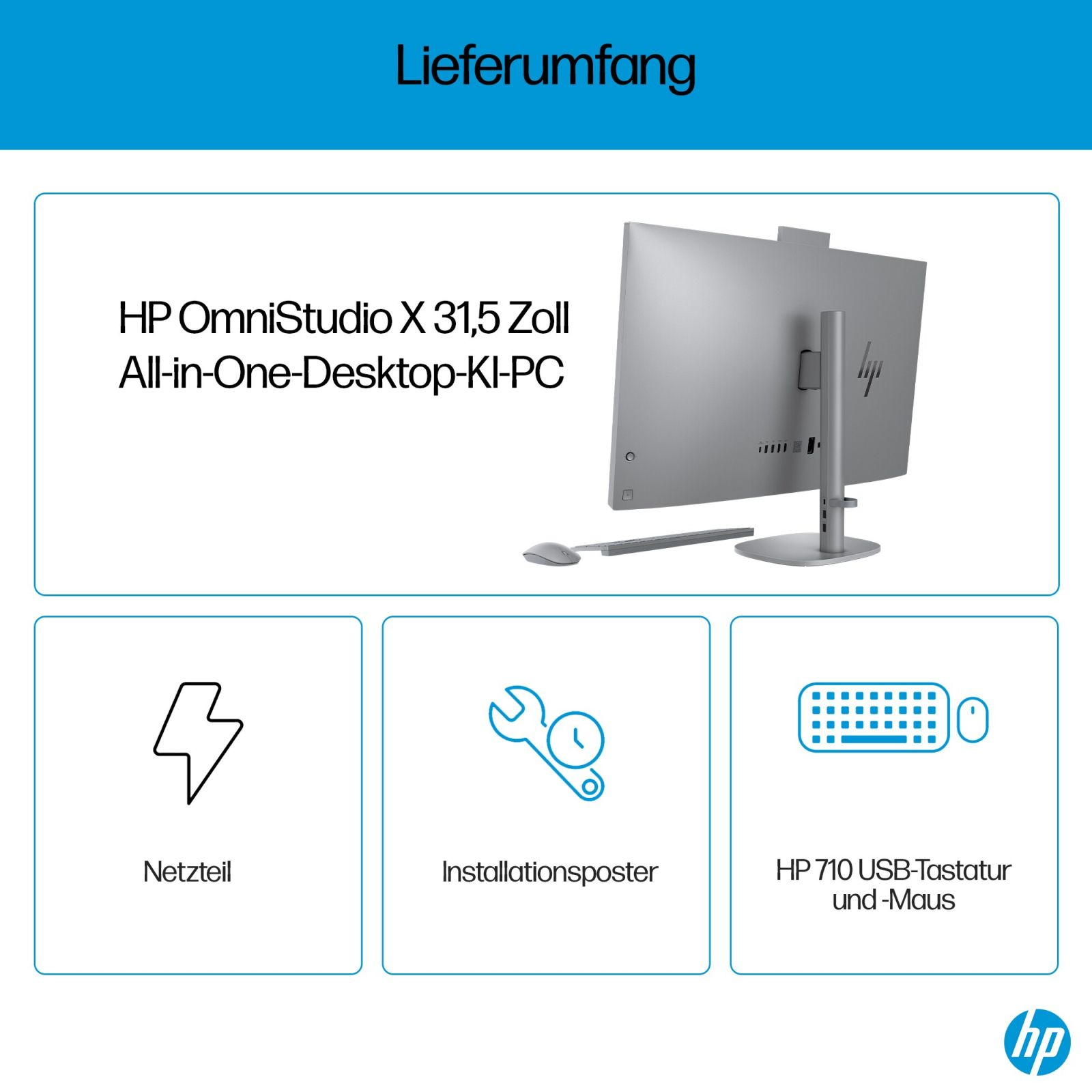 Ein HP OmniStudio-Computer-Setup mit Komponenten. Es gibt drei Boxen mit Etiketten. Weißer Hintergrund.