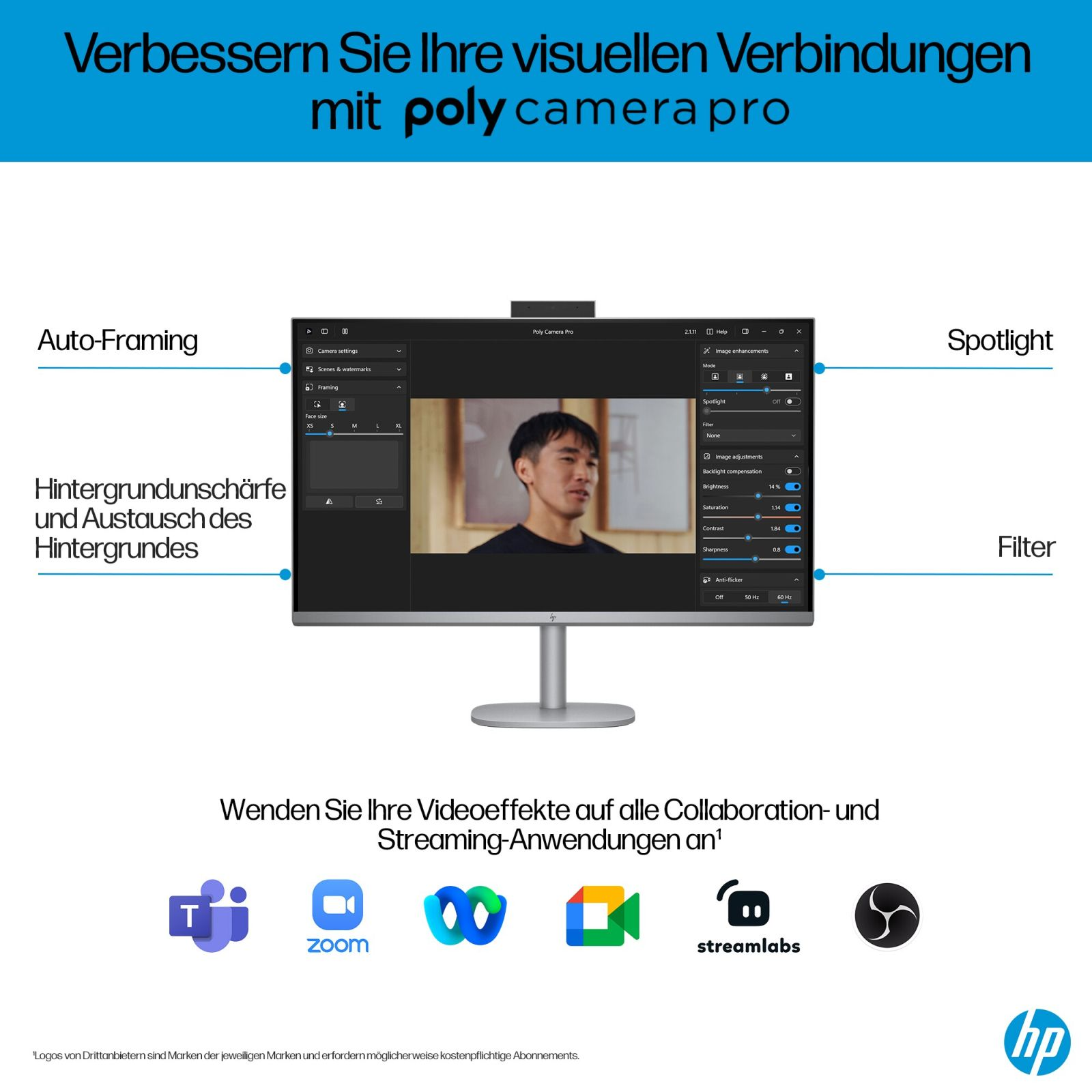 Bild zeigt HP Camera Pro-Funktionen, einschließlich Auto-Framing und Hintergrundunschärfe.