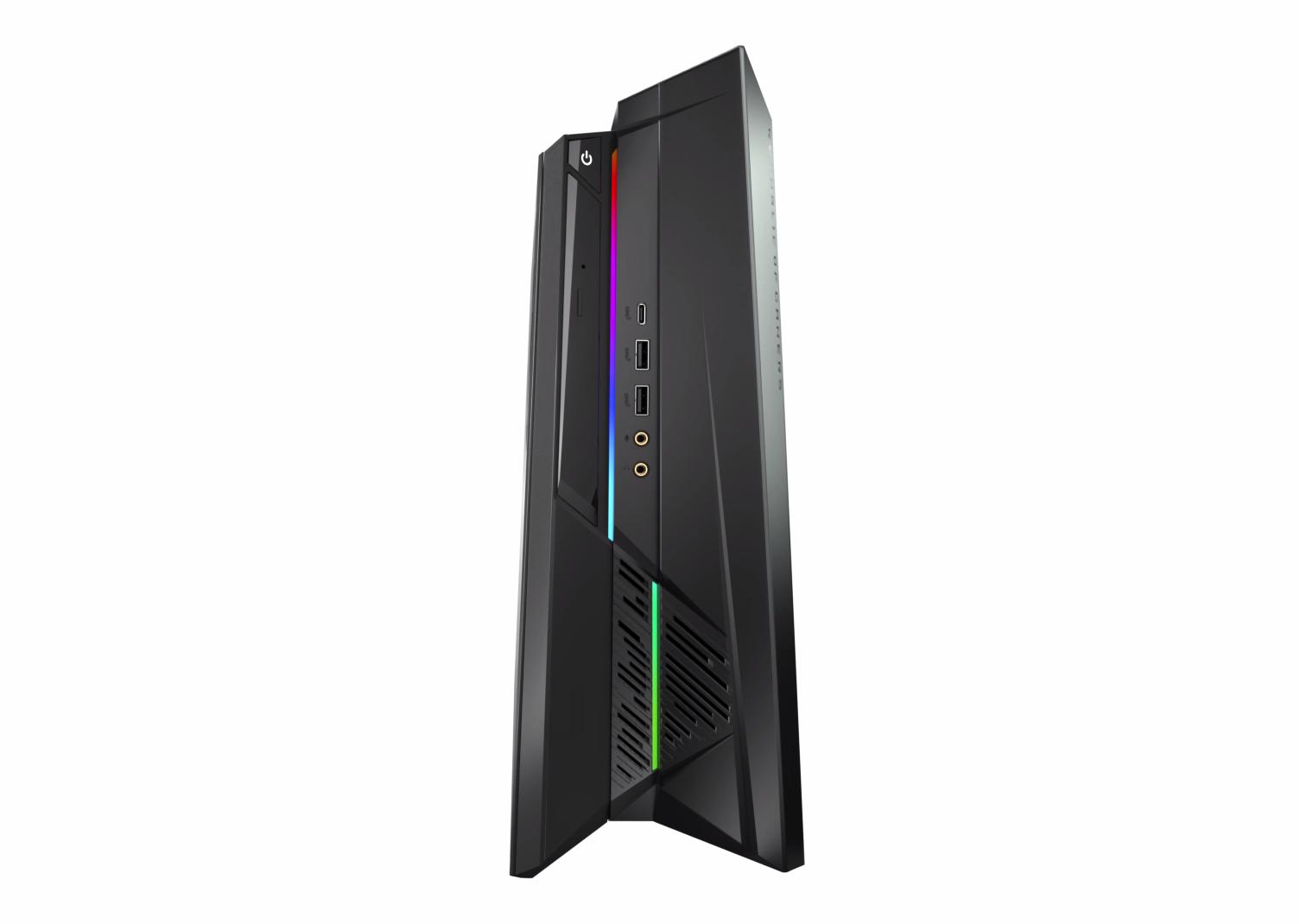 Schwarzer Desktop-Computer mit bunten Lichtern an der Seite. Mit Frontanschlüssen.