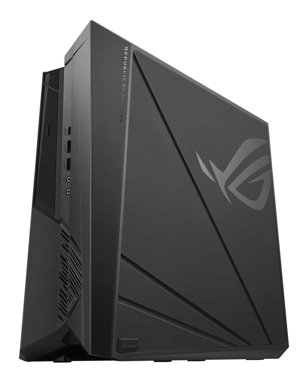 Schwarzer ROG-Gaming-PC, schräge Ansicht, mit ROG-Logo und Text.