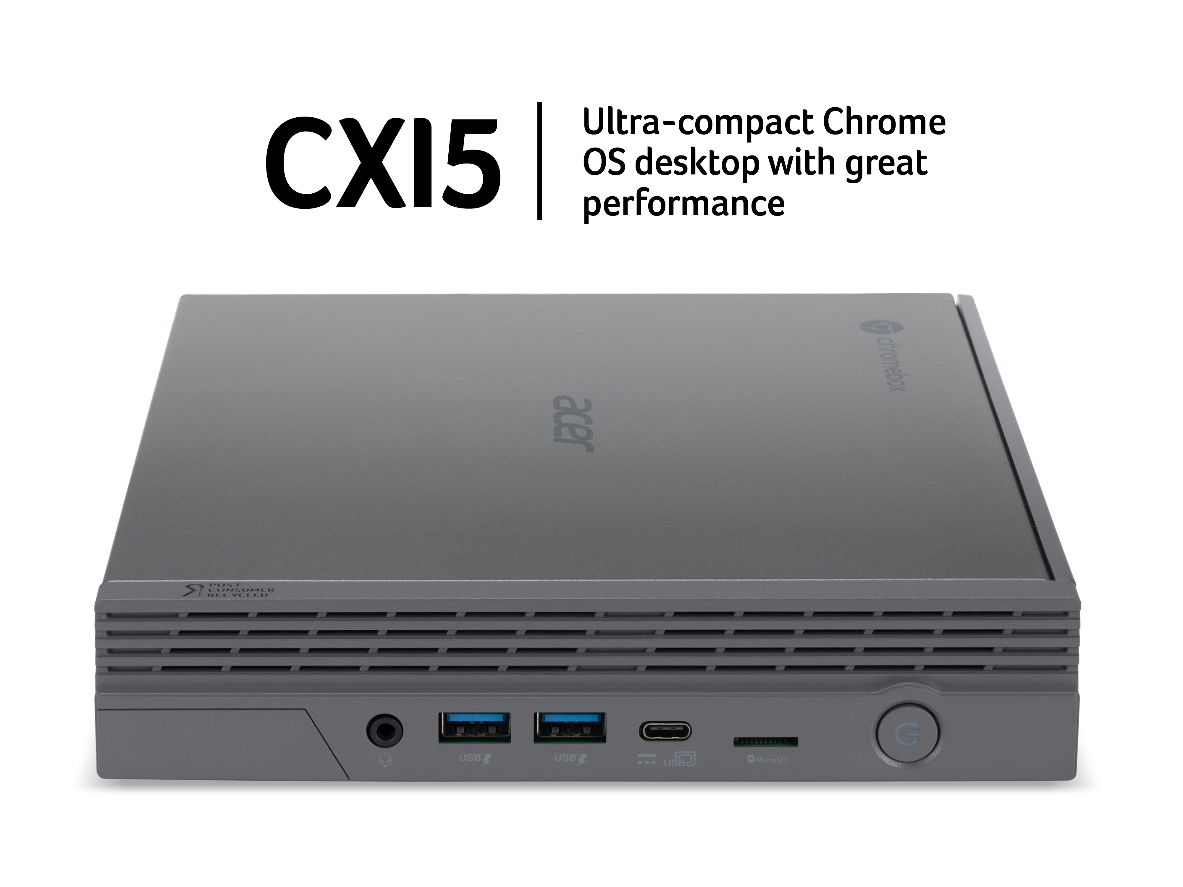 Un computer desktop Acer Chrome OS grigio e rettangolare. Ha porte e il logo Acer.