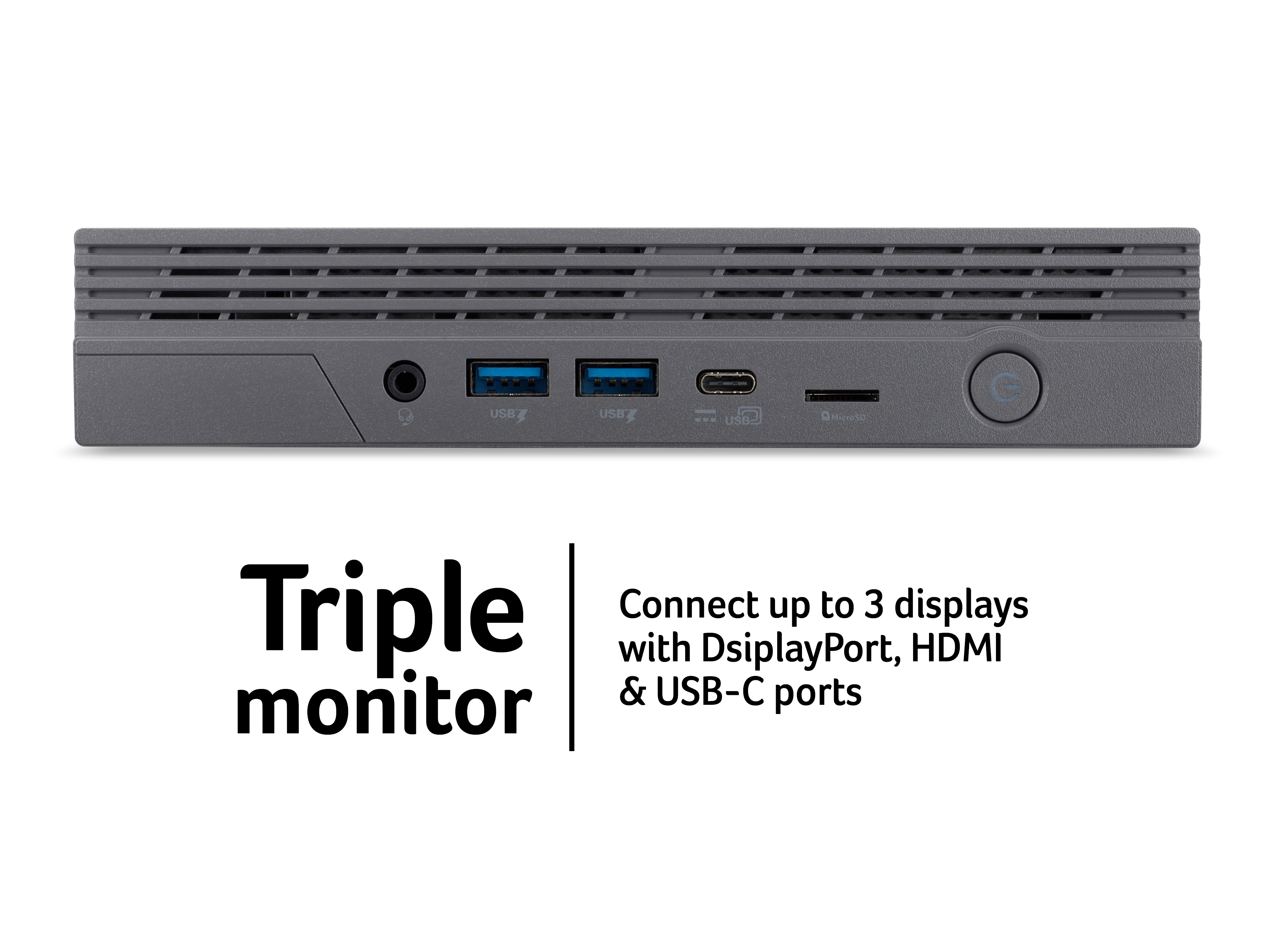 Display grigio per triplo monitor con porte, testo bianco.