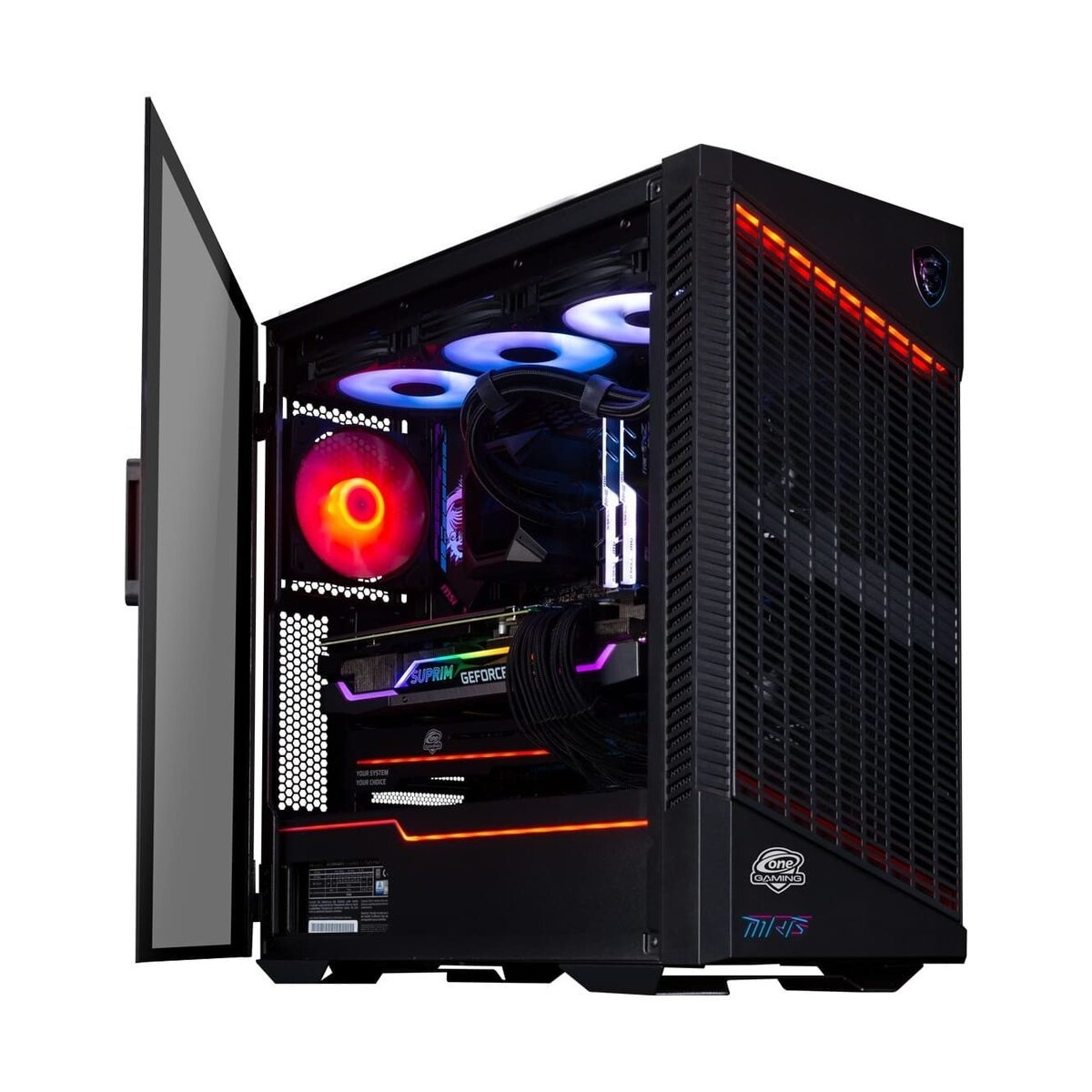 Computerturm mit geöffneter Seite. Im Inneren befinden sich eine GPU, Lüfter und andere Komponenten.