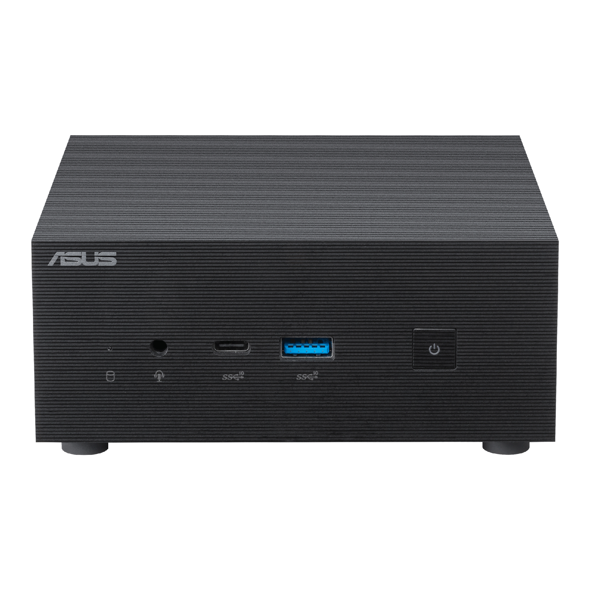 Mini PC ASUS nero con porte, pulsante di accensione e logo ASUS.