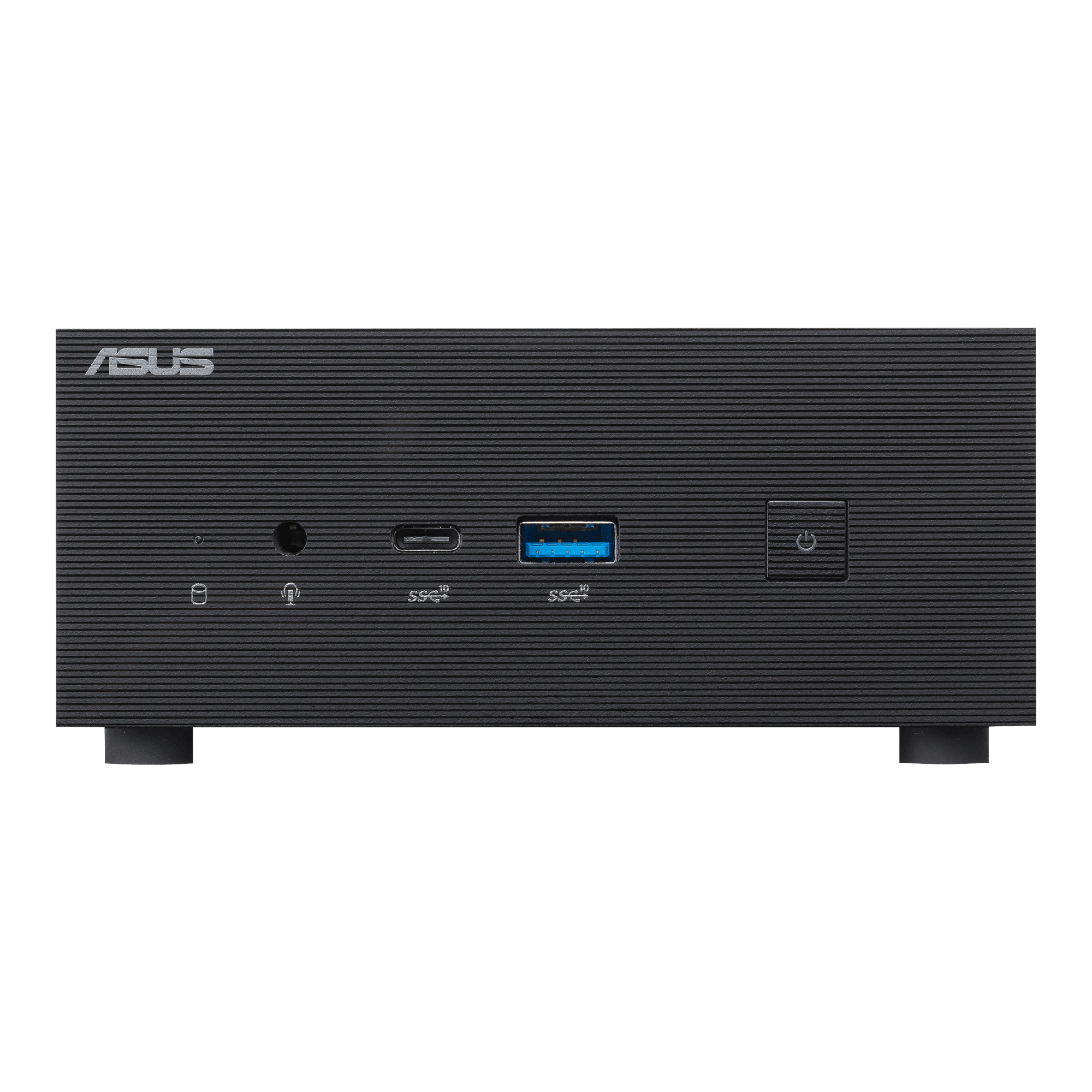 Mini PC ASUS nero. Vista frontale con porte, tra cui USB e audio, e un pulsante di accensione. Logo ASUS visibile.