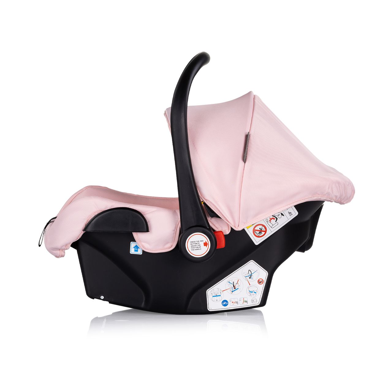 Ein rosa Babysitz mit schwarzem Griff und Sonnenblende, von der Seite gesehen.