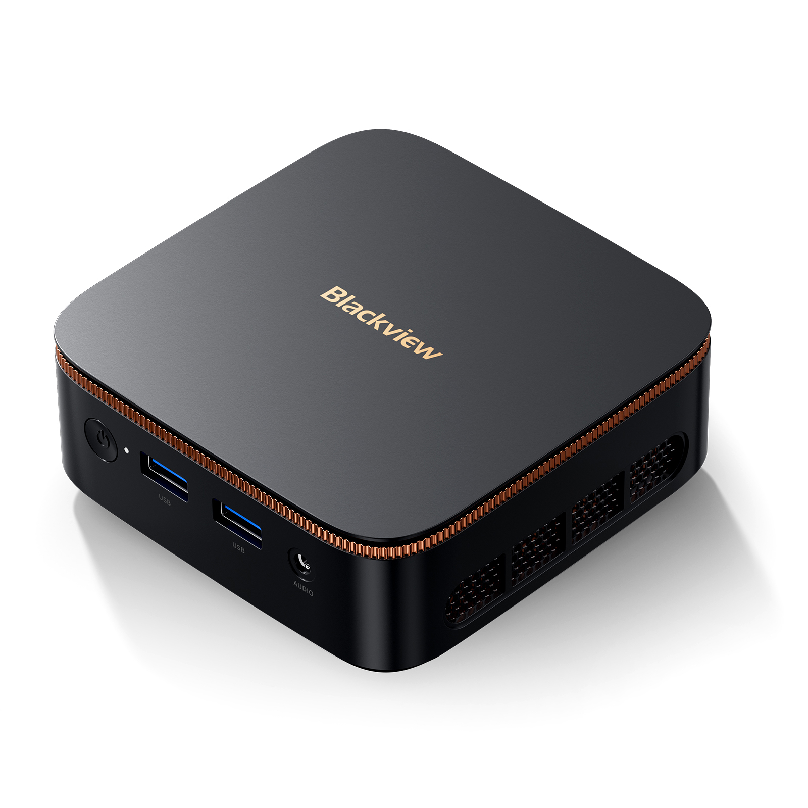 Un mini PC Blackview negro, cuadrado, mostrando puertos USB y el logotipo de la marca.