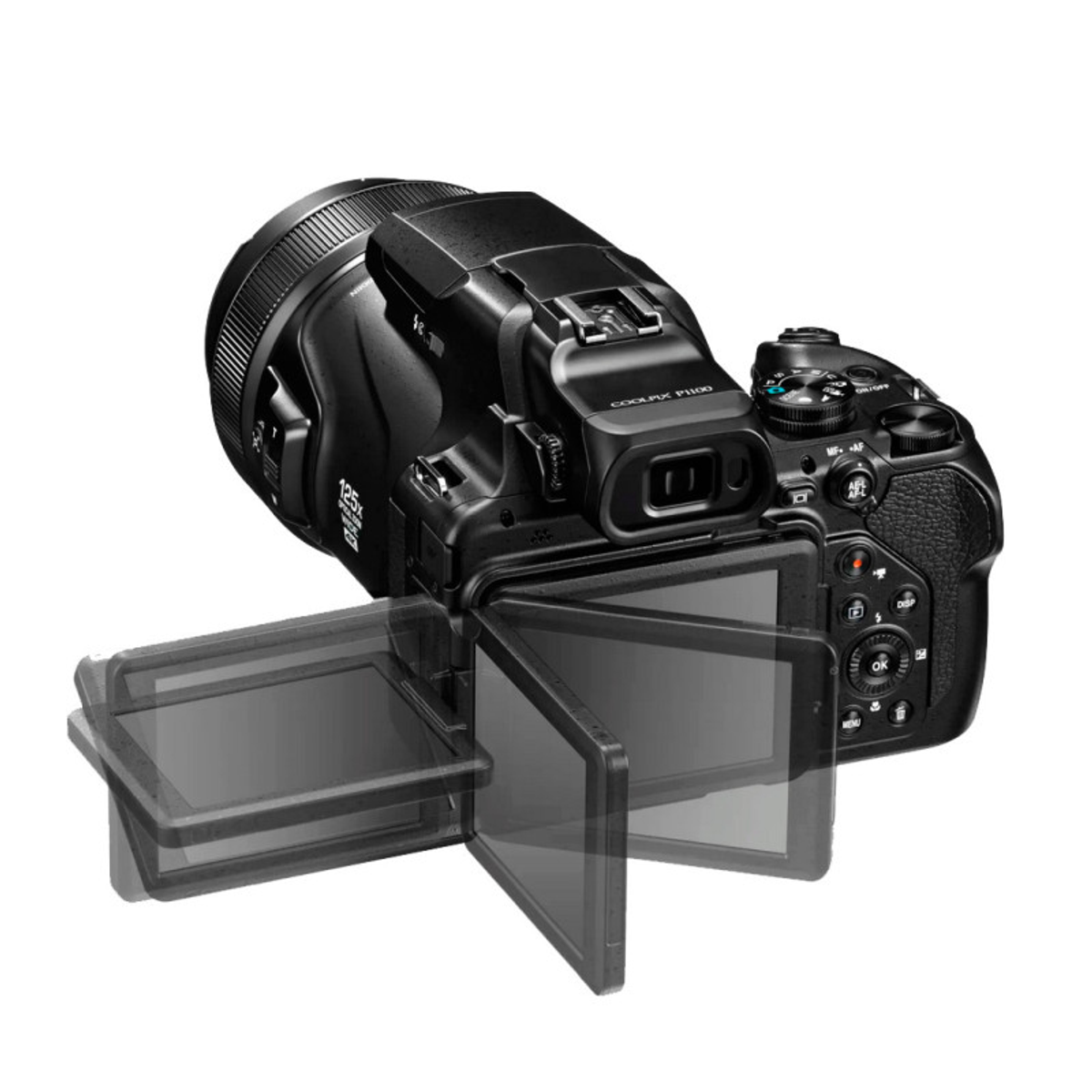 Cámara digital negra con pantalla LCD inclinable, lente y controles sobre fondo blanco.