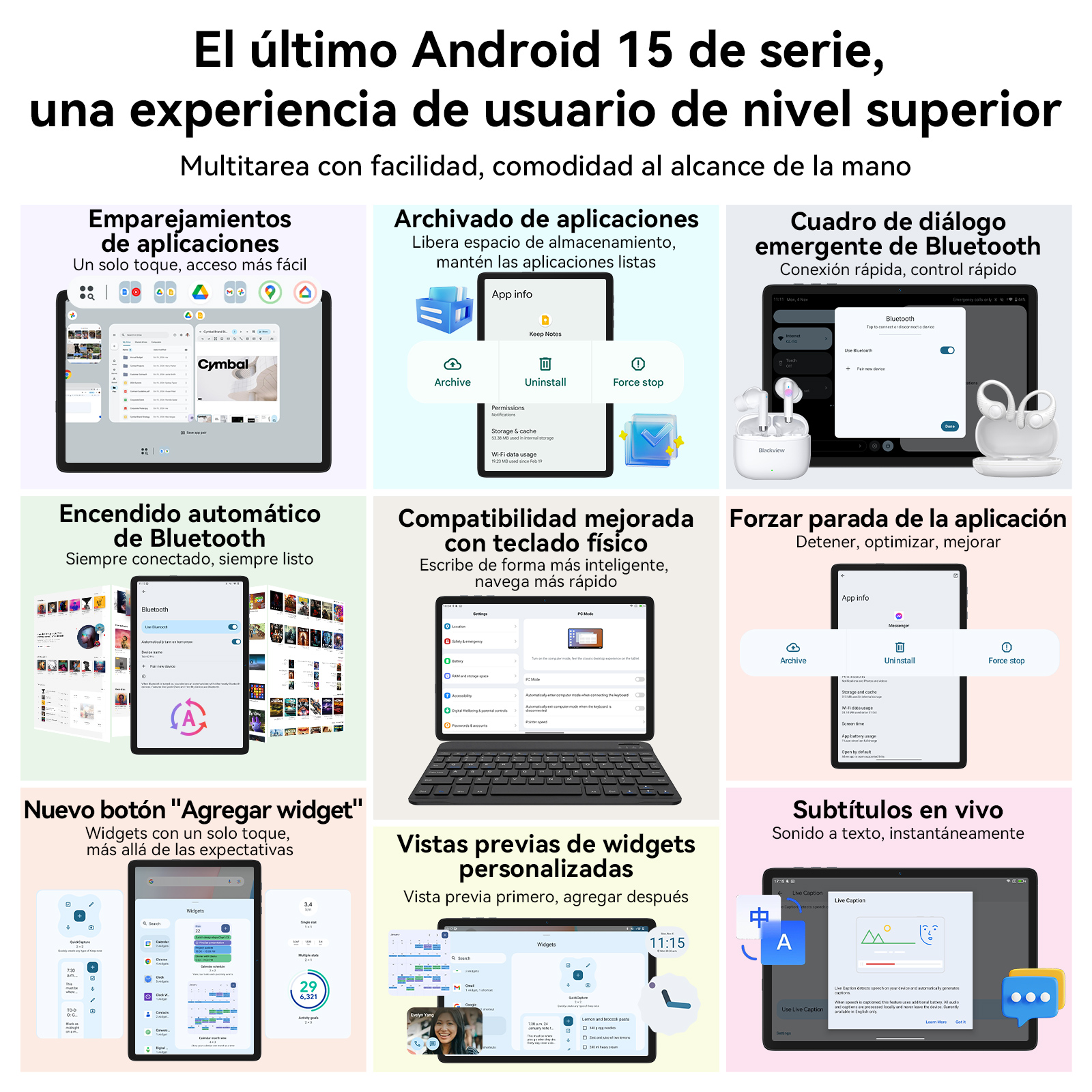Un collage de pantallas de tabletas con diferentes funciones de aplicaciones y etiquetas en español.