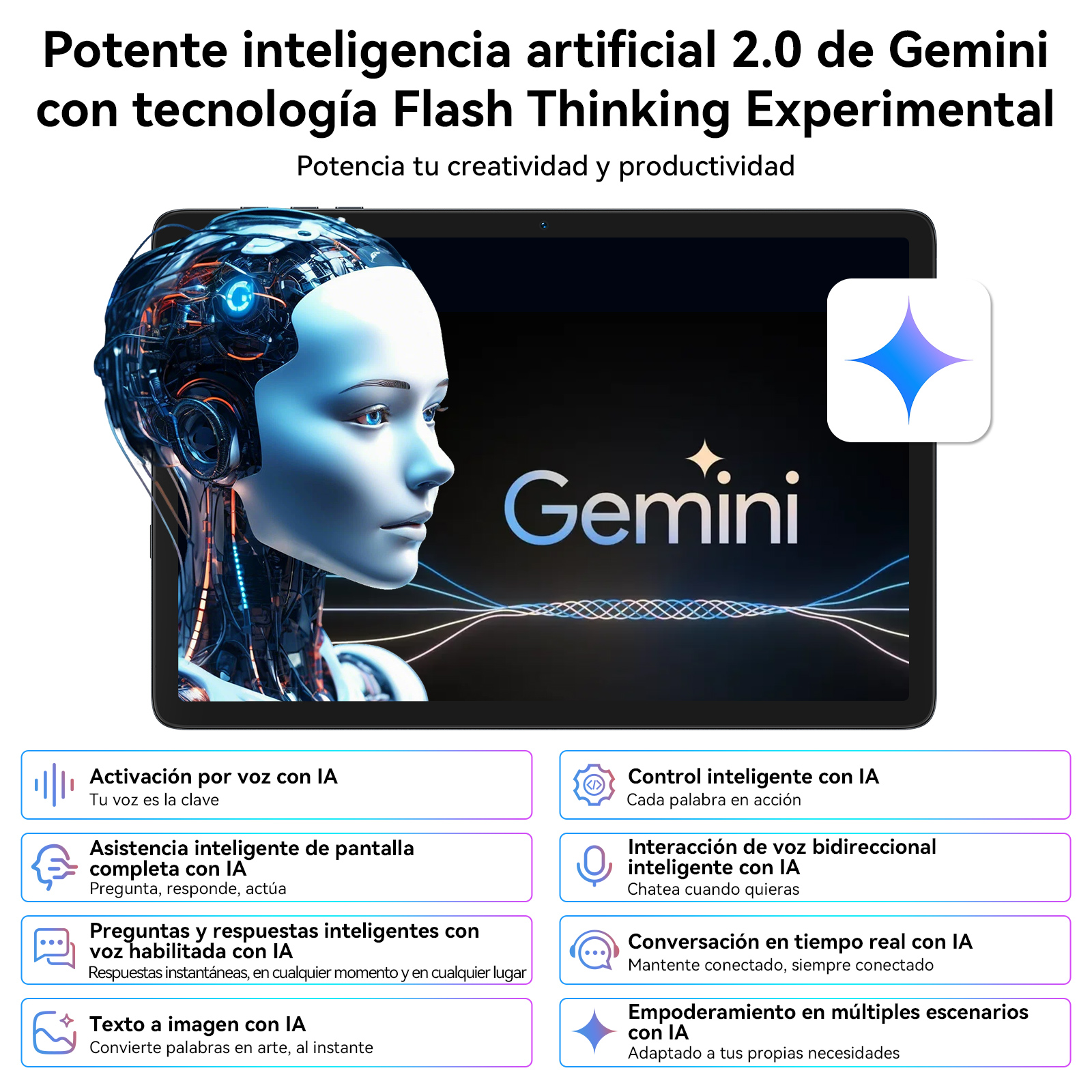 Pantalla de tableta muestra una mujer futurista, la palabra Géminis y un icono de estrella.