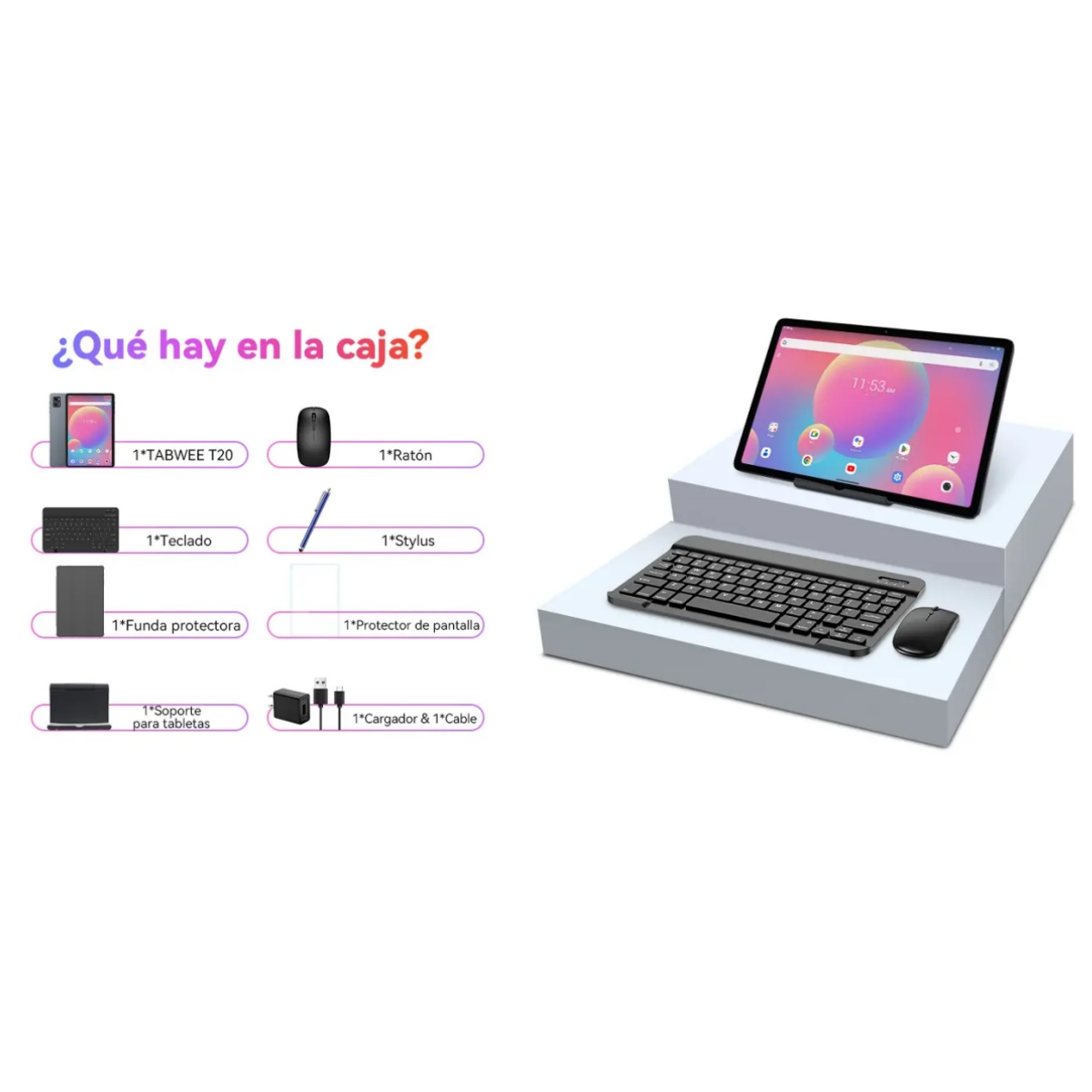 Tableta, teclado, ratón y accesorios en una plataforma blanca. Texto en español: ¿Qué hay en la caja?