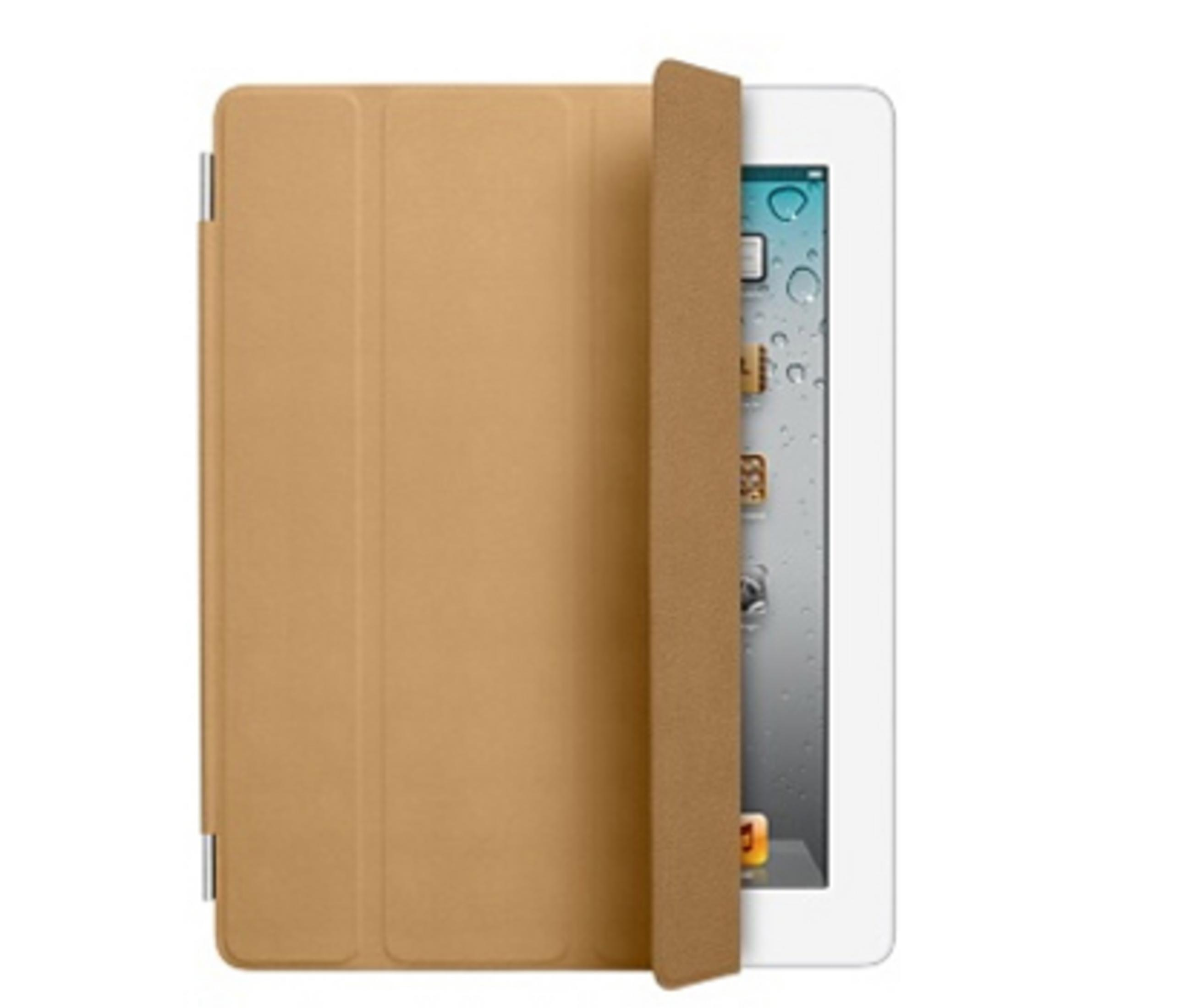Custodia iPad beige, parzialmente aperta, rivela schermo su sfondo bianco.