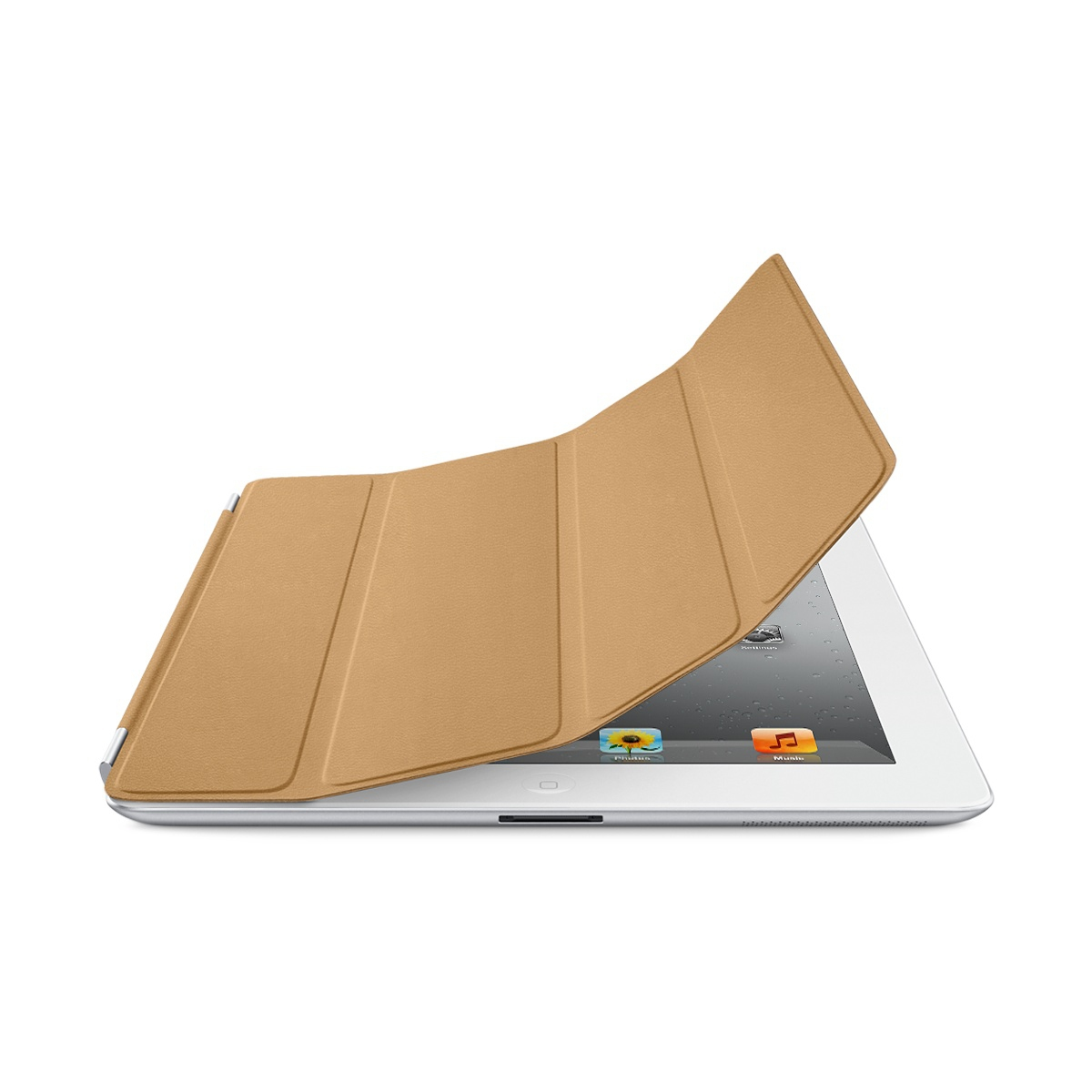 Custodia iPad marrone aperta sopra un iPad bianco. Lo schermo mostra icone di app.