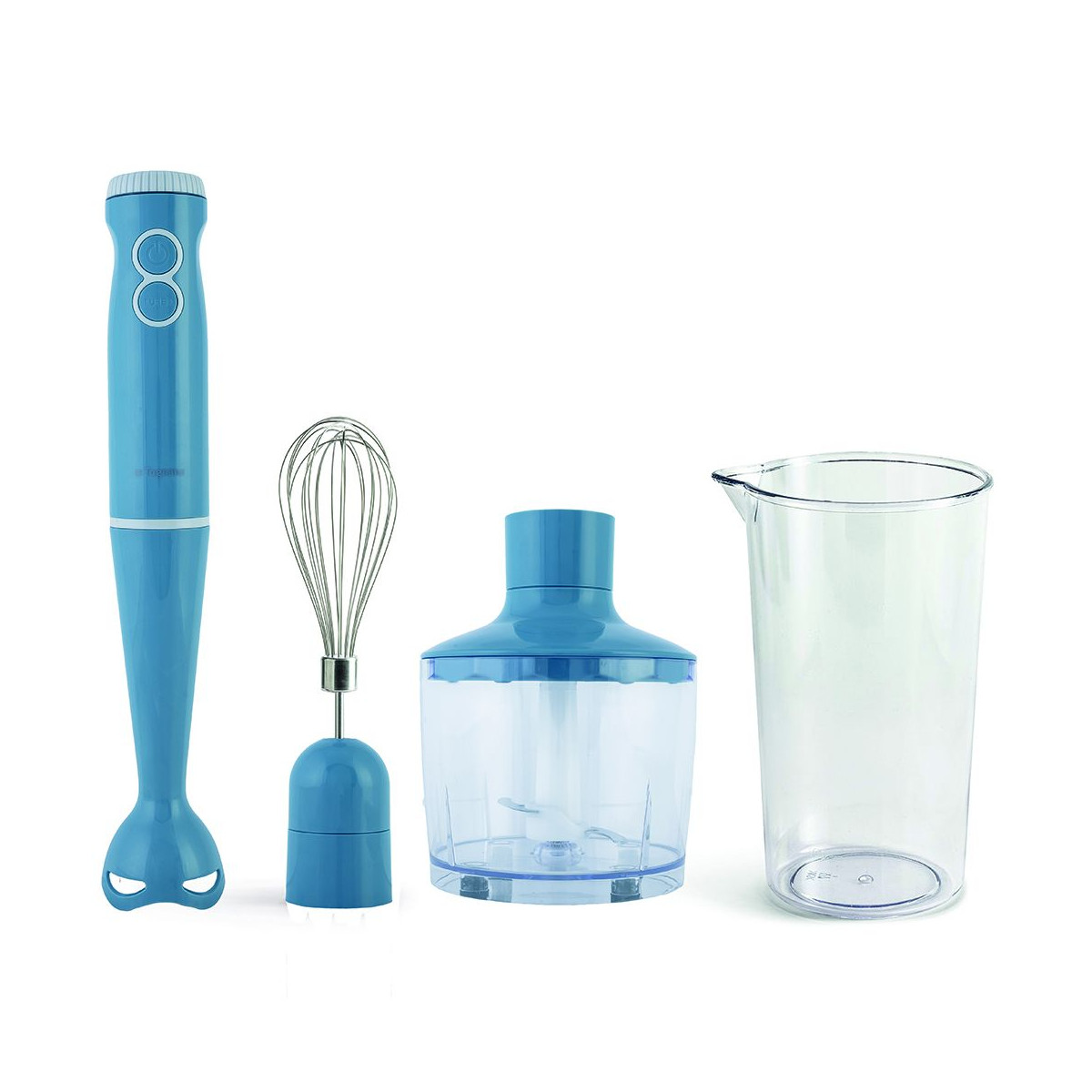 Frullatore a immersione blu con accessori: frusta, tritatutto e misurino, tutto su bianco.