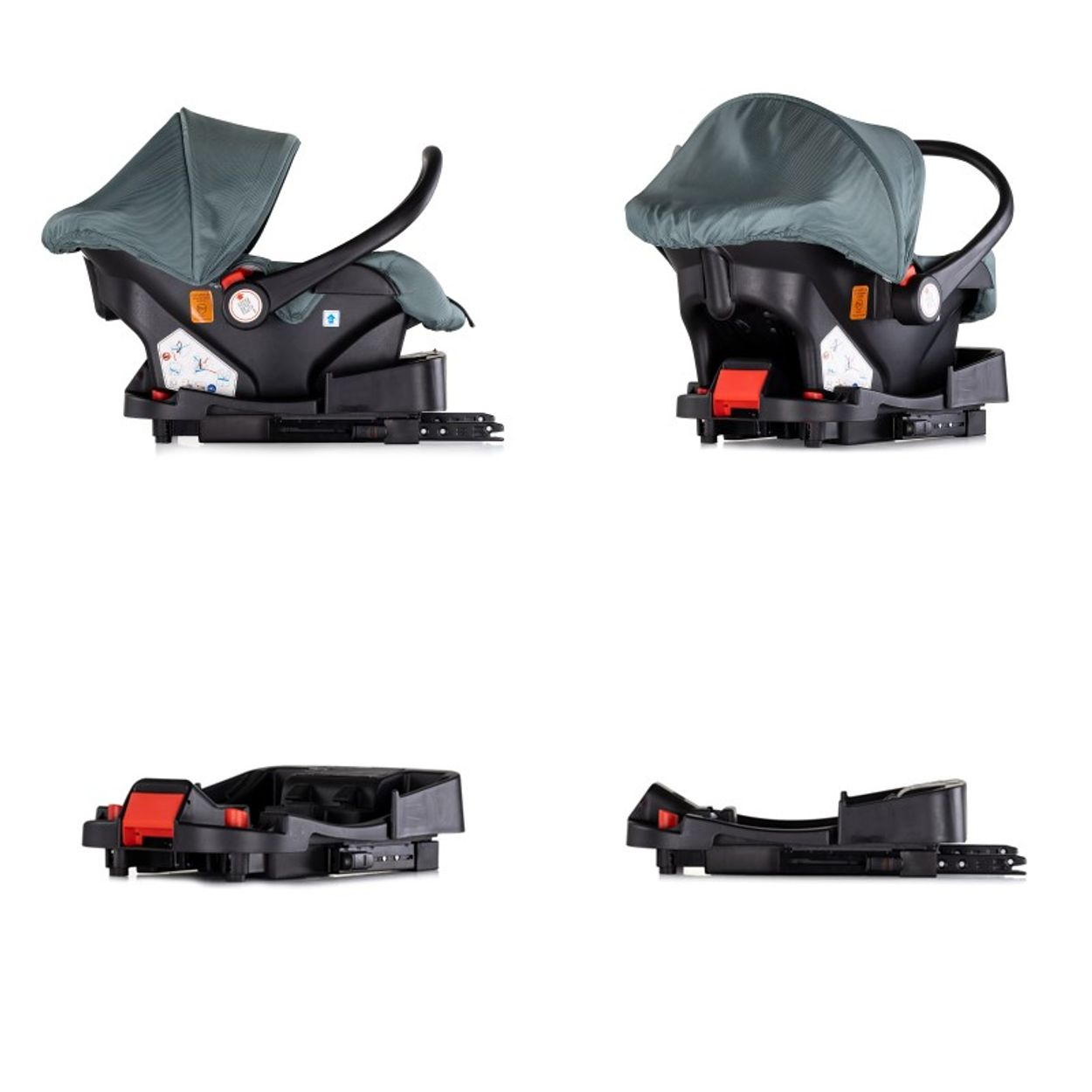 Babyautositz, dunkelgrauer Stoff, schwarze Basis, Griff hoch oder runter. Vier Ansichten auf weißem Hintergrund.