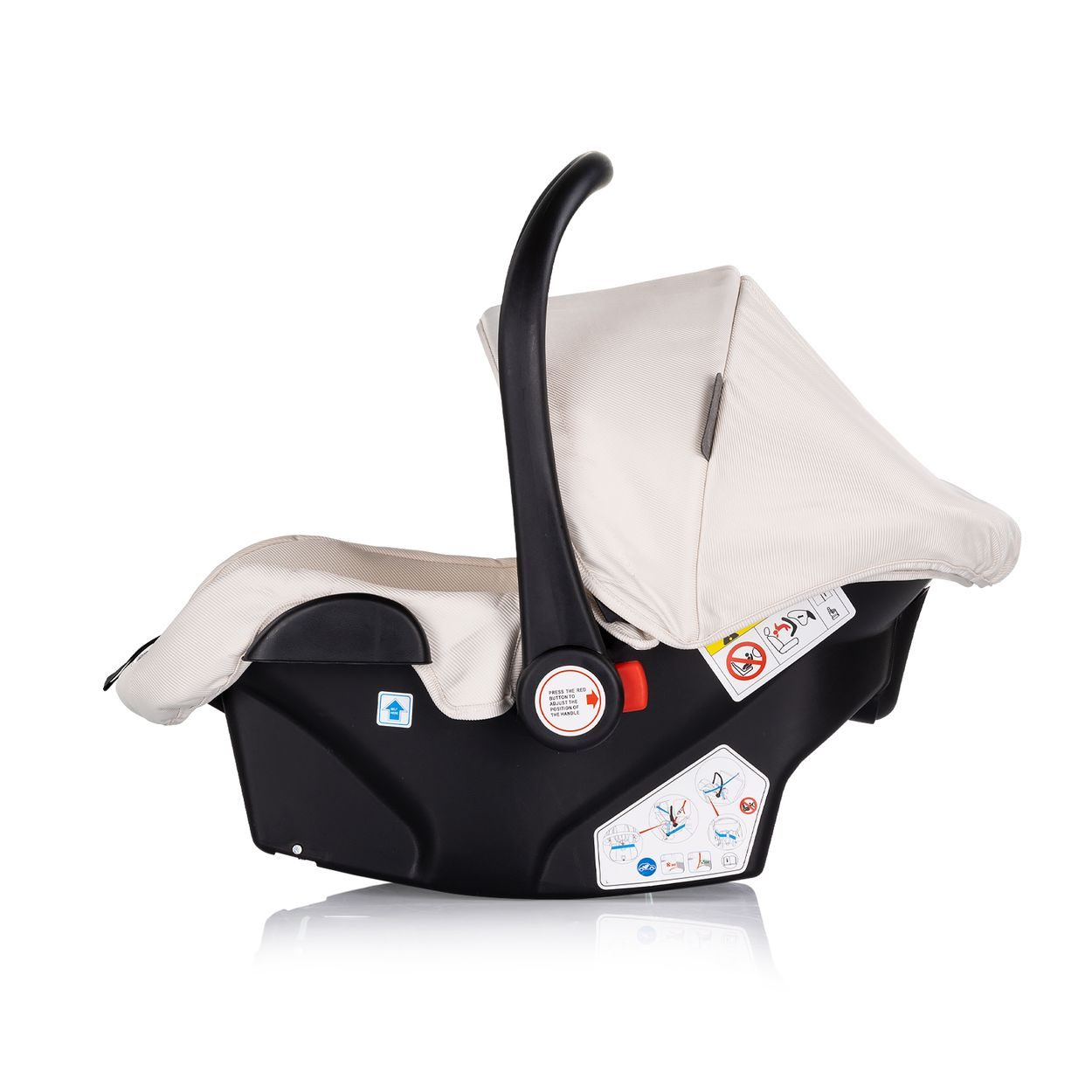 Babyschale, schwarz und beige. Weißer Hintergrund, isoliert, Sicherheitsmerkmale.