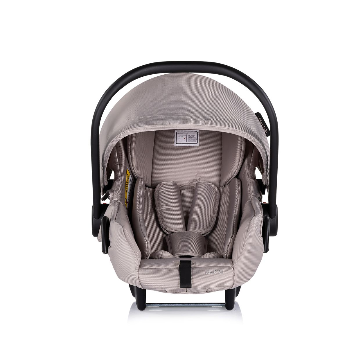 Babyschale, grau, mit schwarzem Griff und Verdeck.