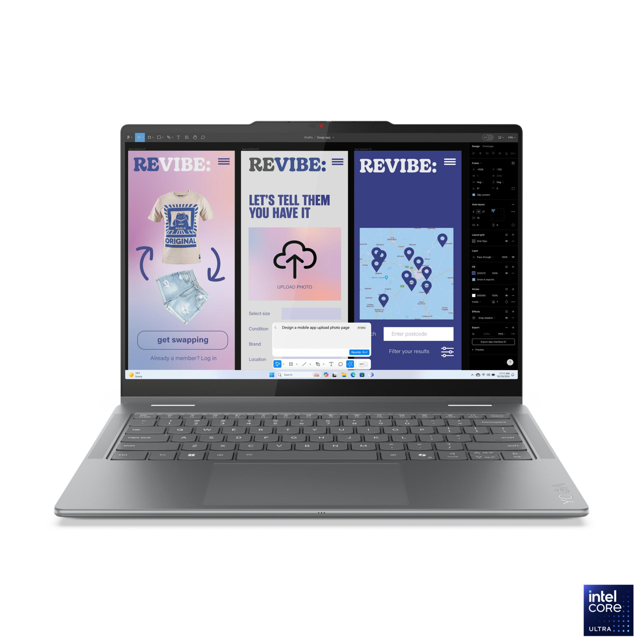 Ekran laptopa wyświetla interfejs aplikacji mobilnej z elementami projektu.
