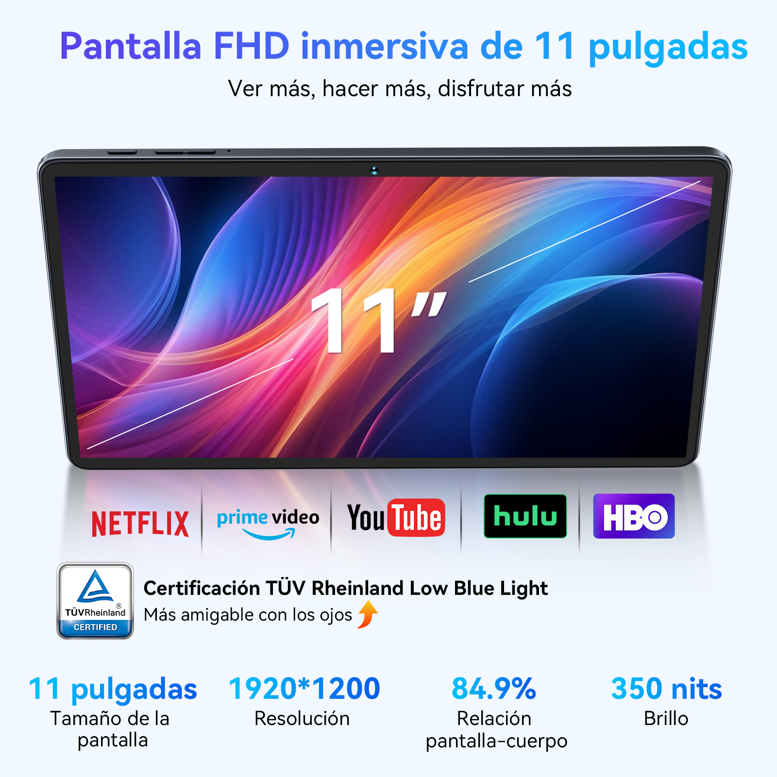 Una tableta con pantalla de 11 pulgadas, que muestra logotipos de servicios de streaming y especificaciones.