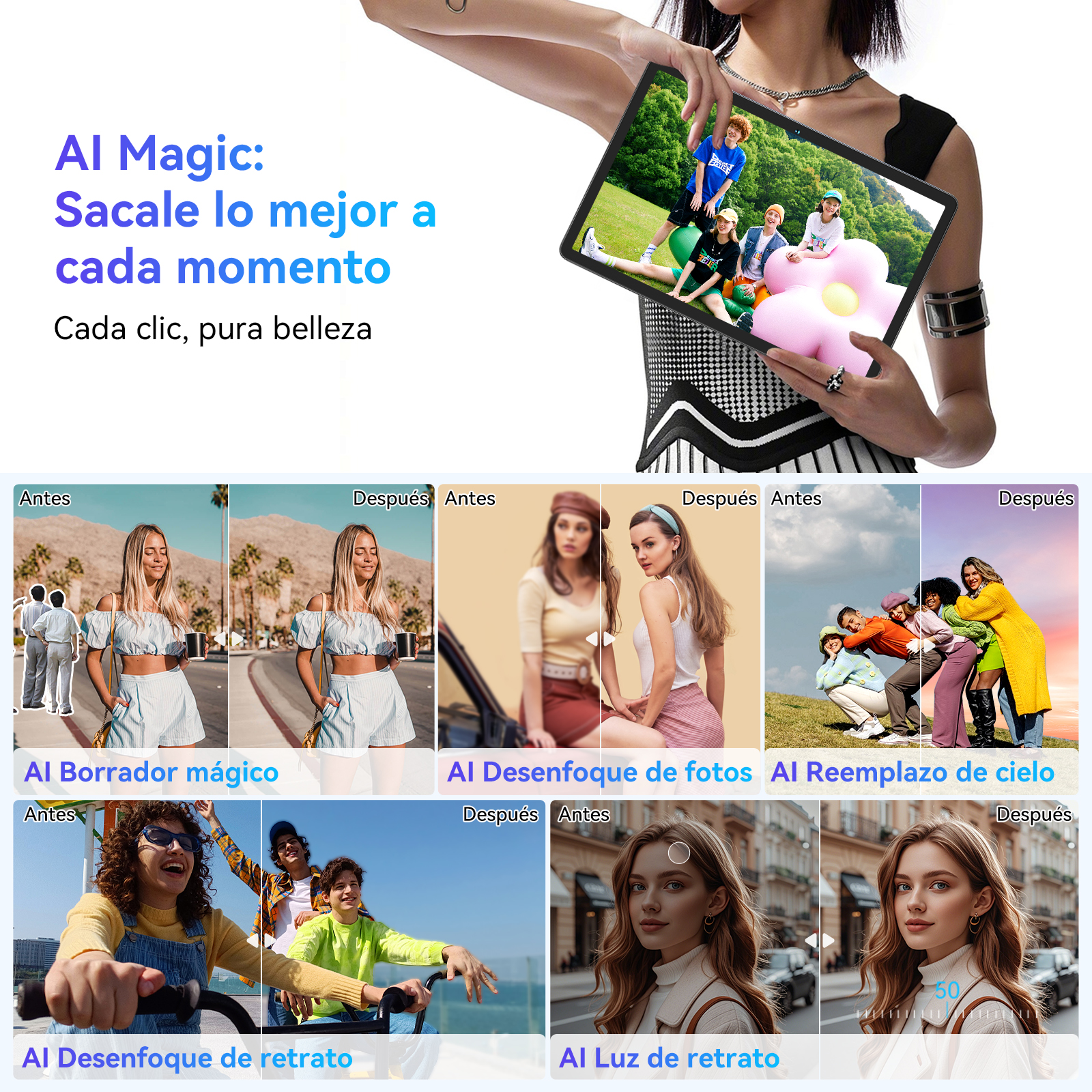 Una mujer sostiene una tableta que muestra un grupo de personas. Otras imágenes muestran funciones de edición de fotos.