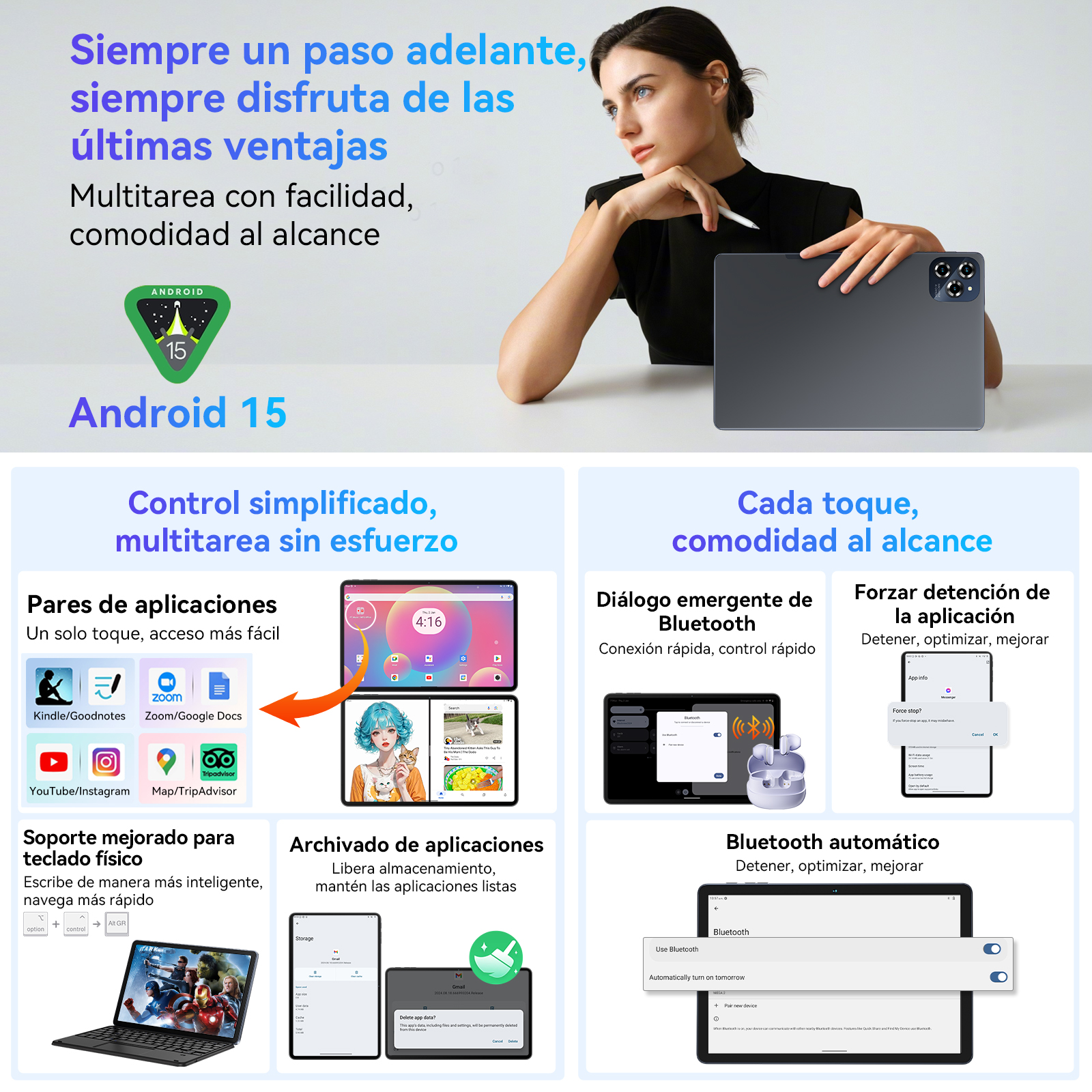 Tableta con interfaz Android 15. La pantalla muestra iconos de aplicaciones y texto promocional sobre funciones.