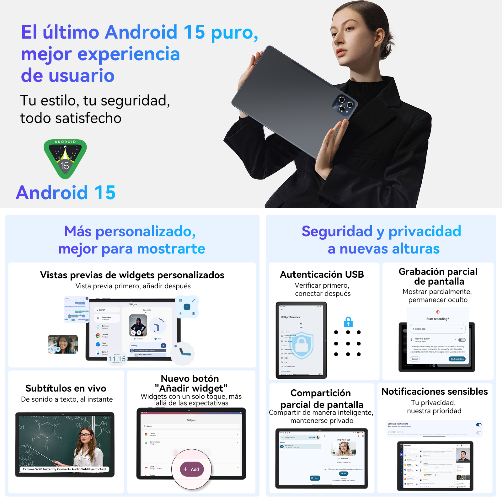 Gráfico promocional de Android 15 con una mujer sosteniendo una tableta y capturas de pantalla de aplicaciones.