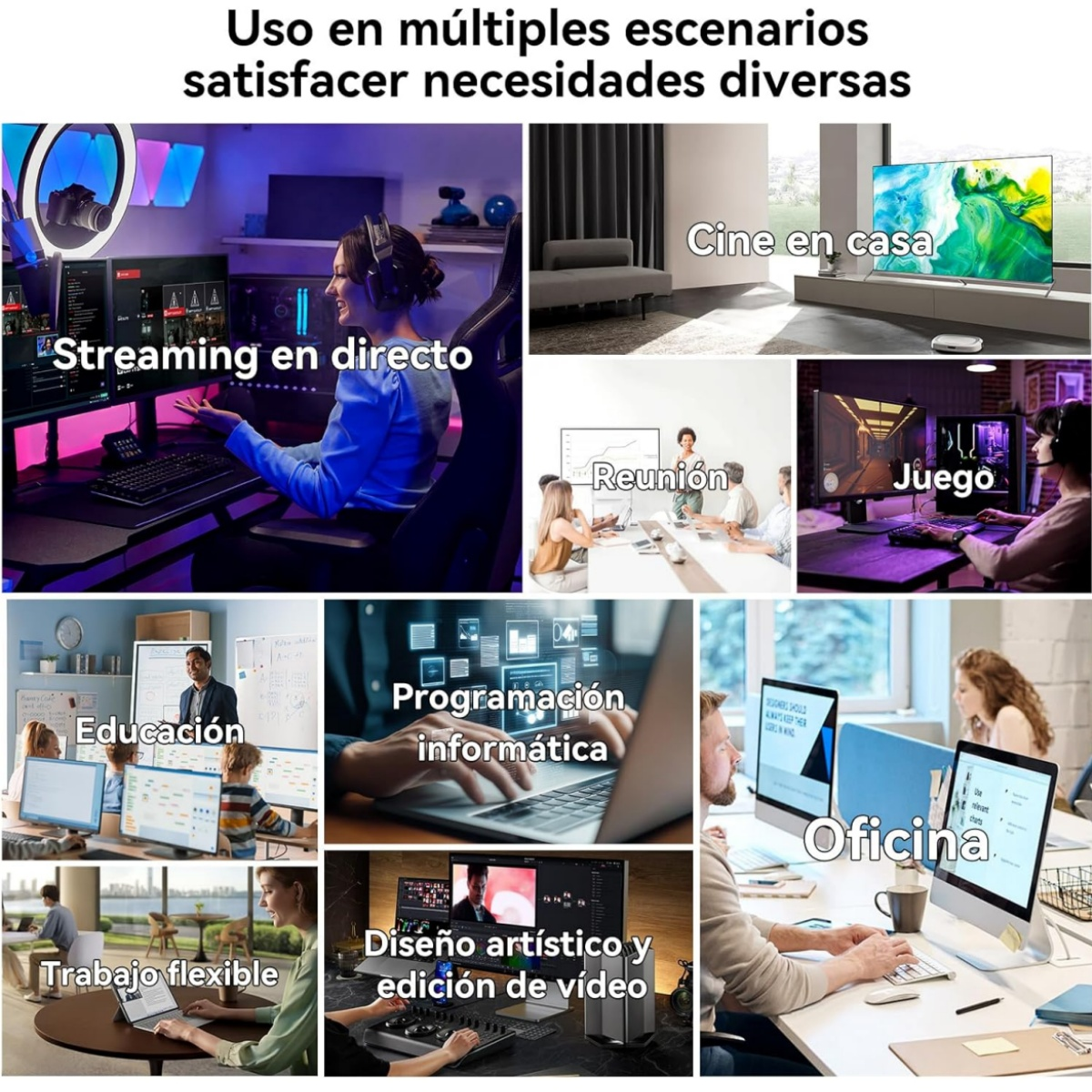 Nueve escenas de personas usando tabletas y portátiles en varios entornos, incluyendo streaming, reuniones y trabajo.
