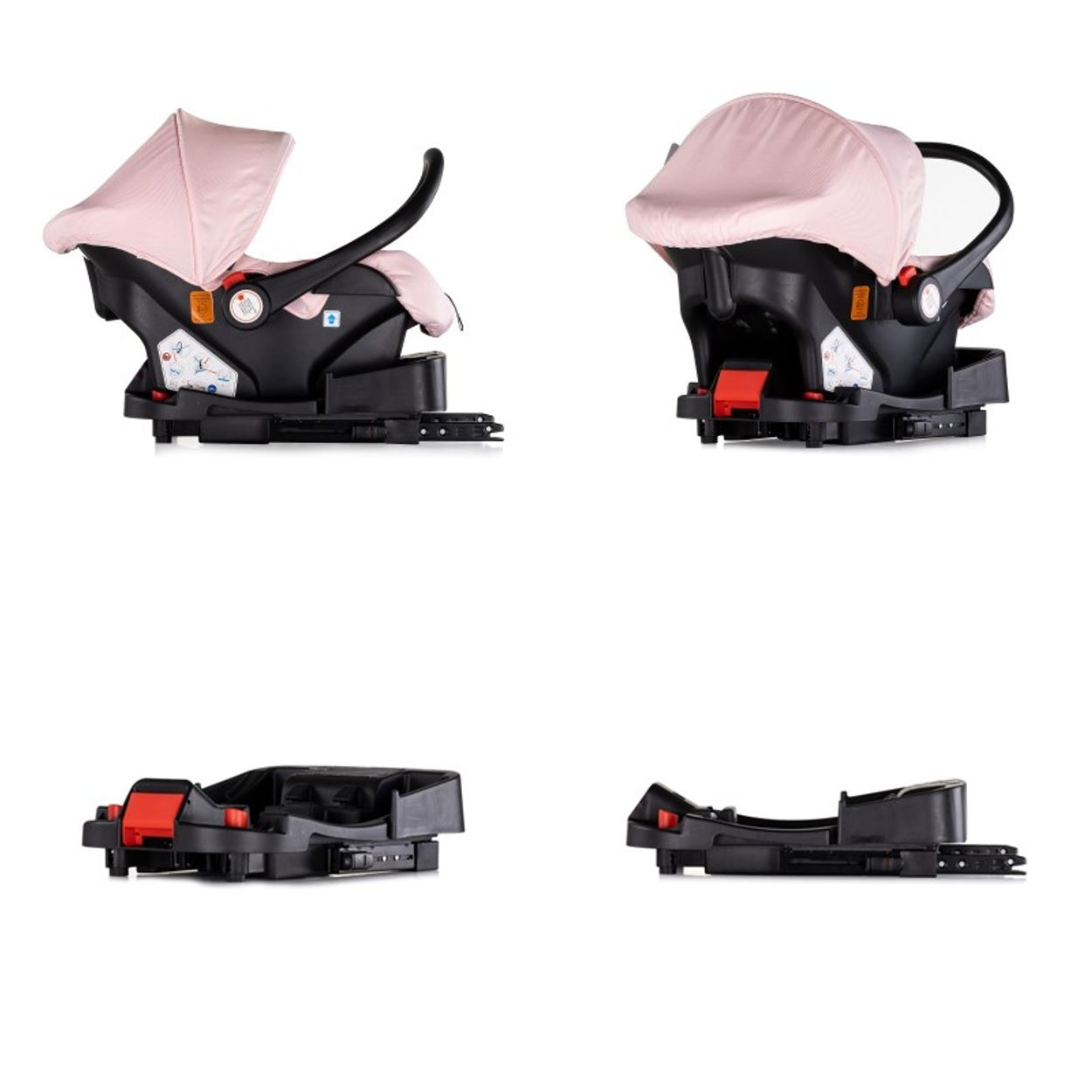 Vier Ansichten eines Babysitzes und einer Basis. Rosa gestreifter Baldachin. Schwarze Basis.
