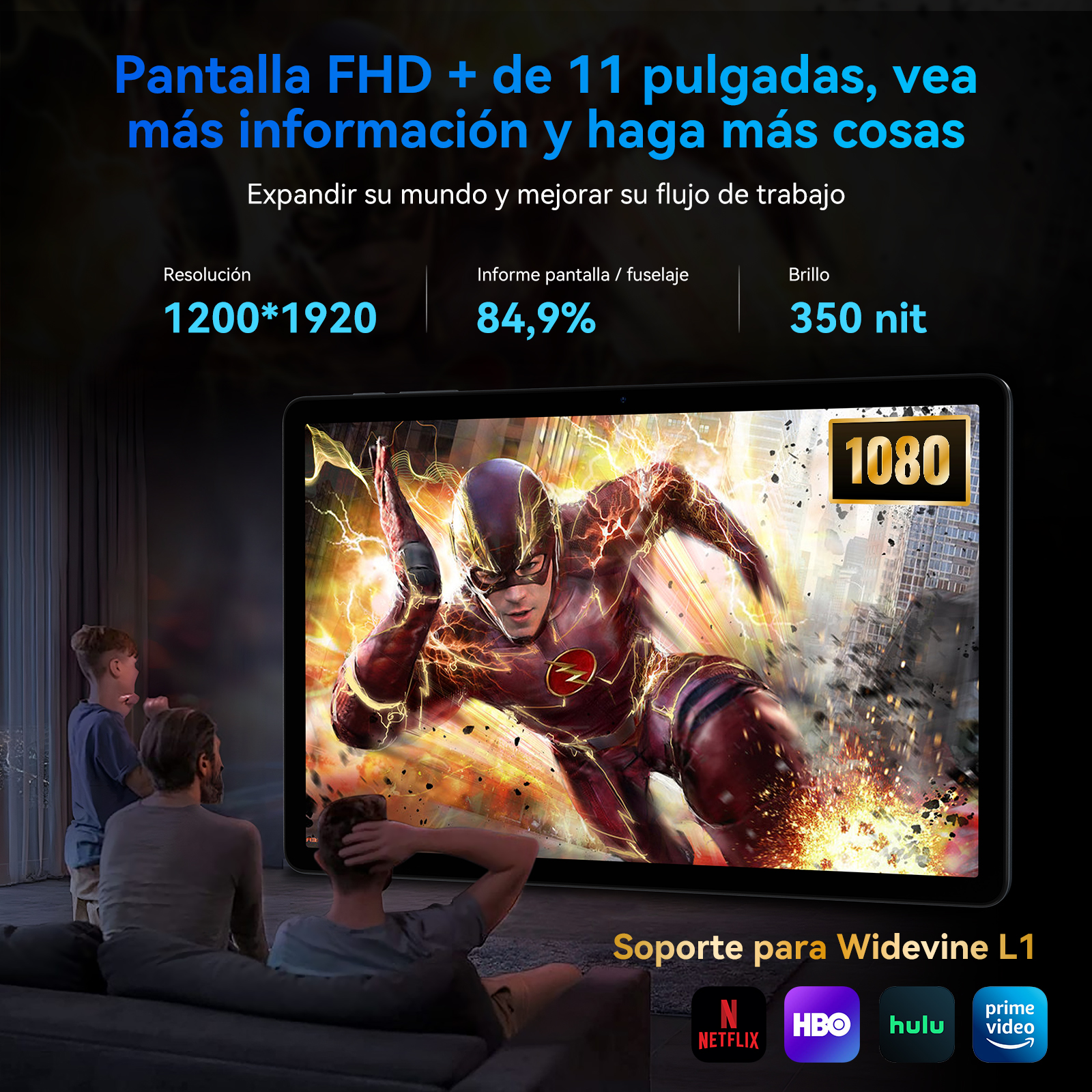 Personas ven una tableta que muestra una imagen de superhéroe. Texto sobre la calidad de la pantalla y servicios de streaming.