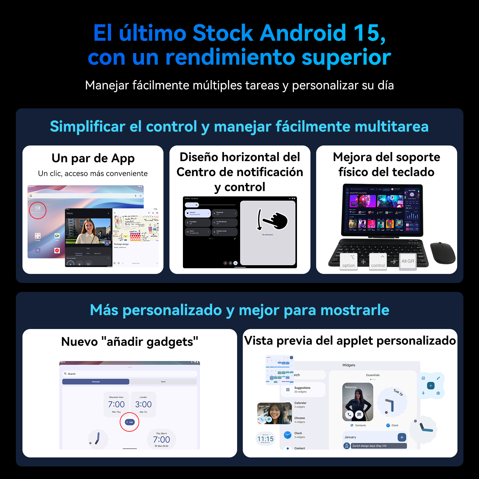 Capturas de pantalla que muestran las funciones de Android 15: par de aplicaciones, centro de notificaciones, soporte de teclado, nuevos widgets y vista previa de applet.