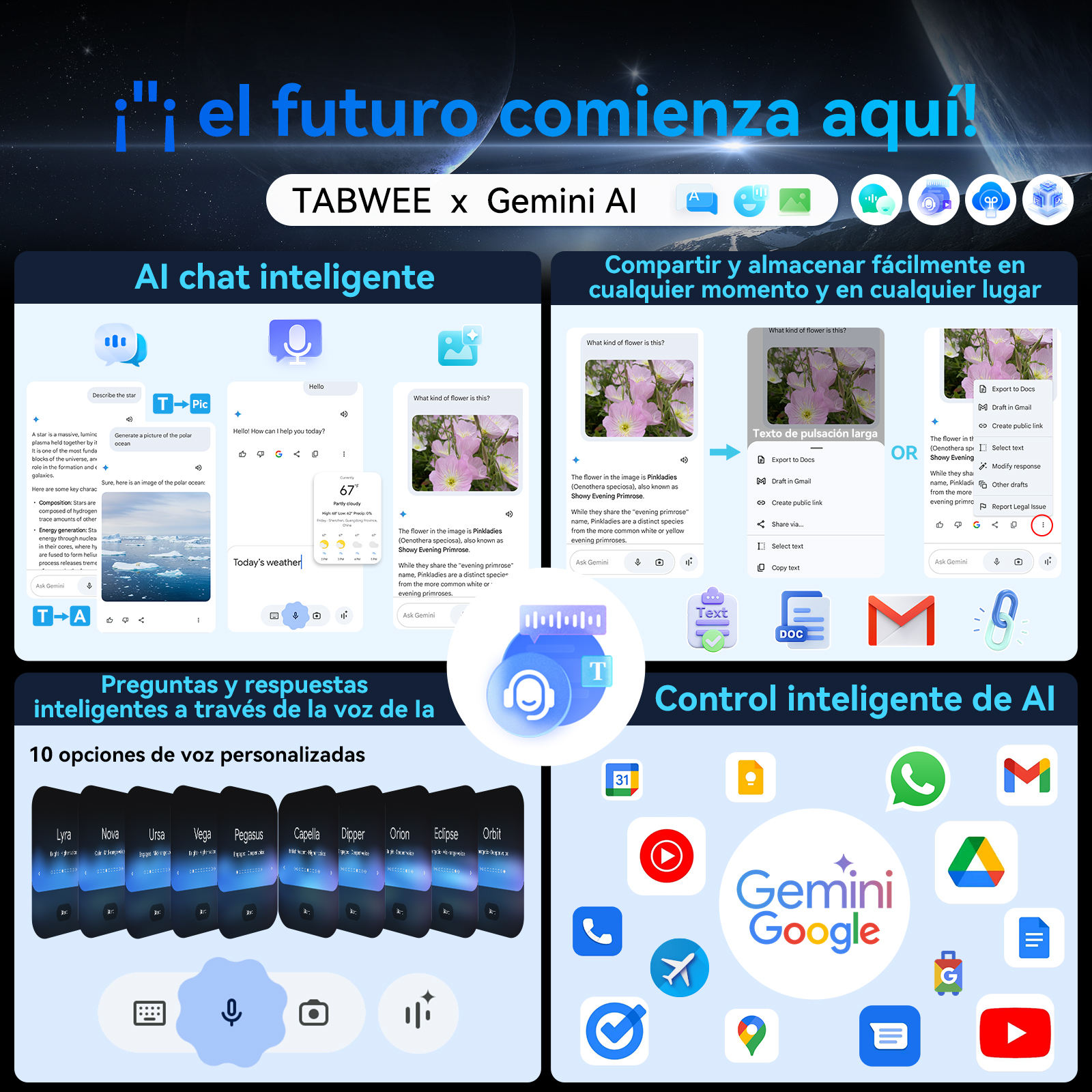 Un gráfico promocional para TABWEE y Gemini AI, que muestra varias funciones de IA y opciones de voz.