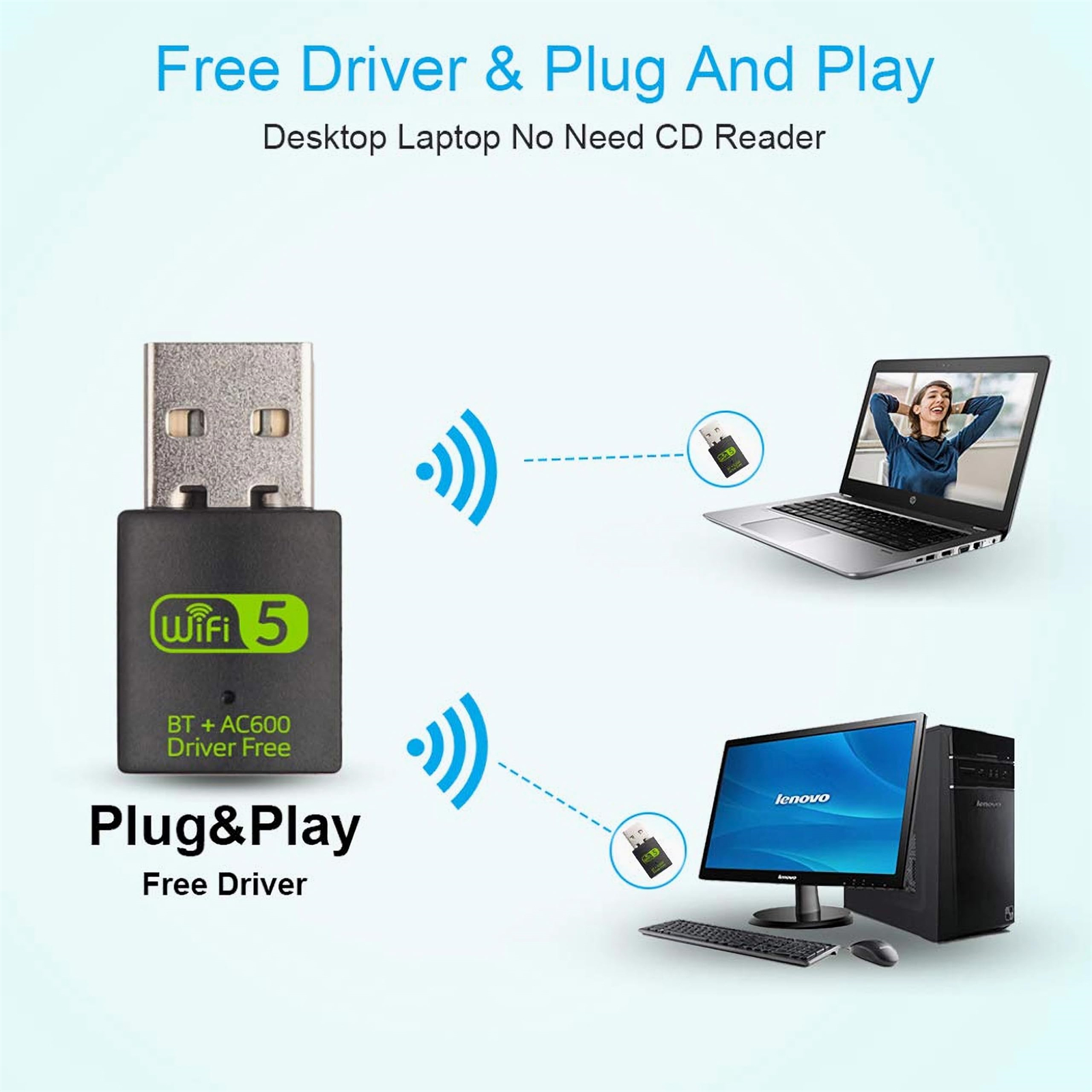 USB-WLAN-Adapter mit Laptop und Monitor. Text: 'Free Driver & Plug And Play'. Drahtlose Signal-Symbole.
