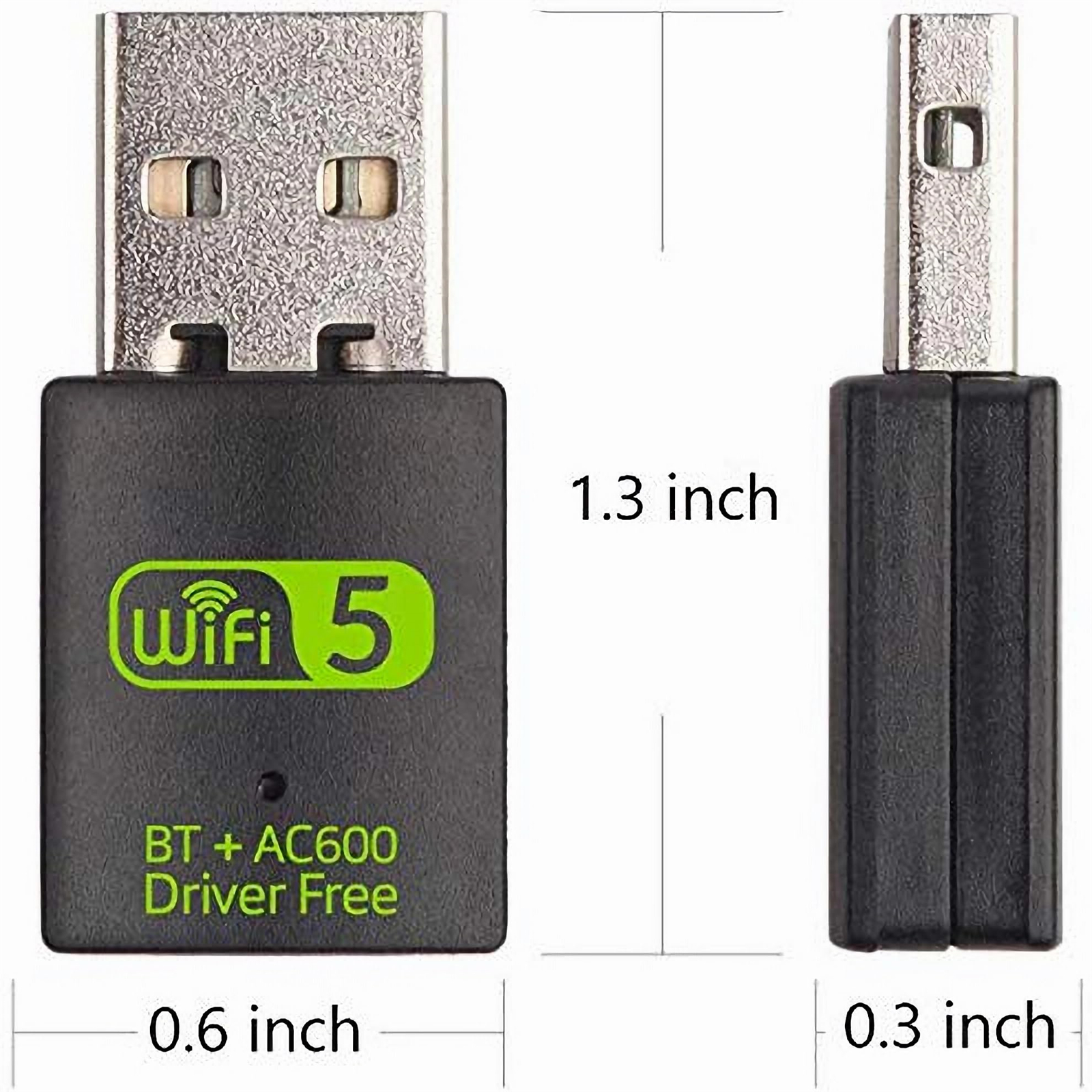 Schwarzer und silberner WiFi 5 USB-Adapter mit Maßangaben.