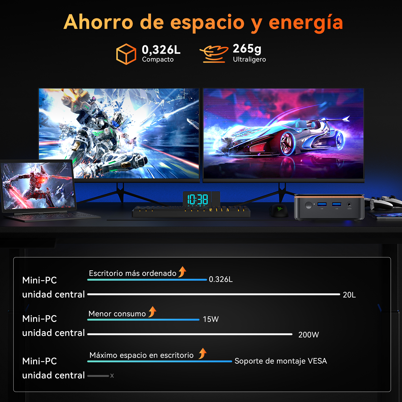 Dos monitores mostrando una configuración de juego. Uno muestra una escena de batalla, el otro el tiempo.