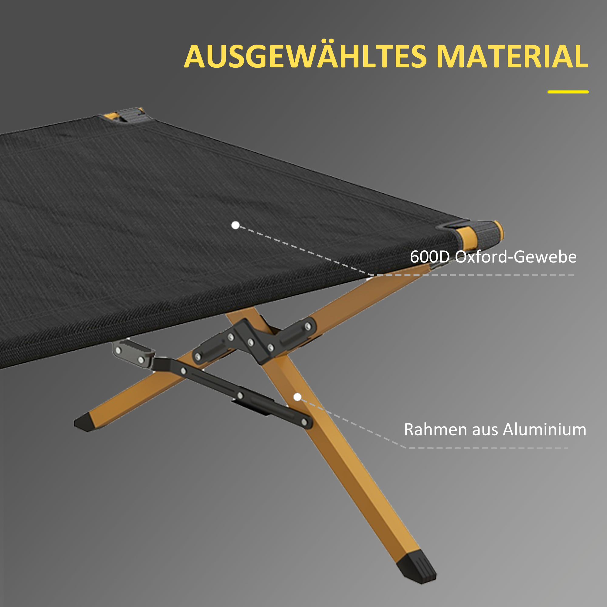 Nahaufnahme eines zusammenklappbaren Campingbettes, schwarzer Stoff, Holzrahmen und Aluminiumkomponenten, Textbeschriftungen.