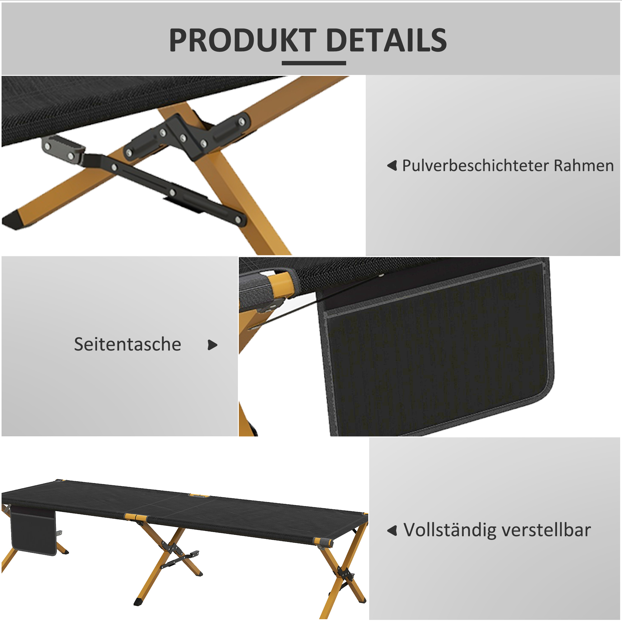 Ein Campingbett, Detailansicht. Der Rahmen ist braun, der Stoff ist schwarz und hat eine Seitentasche.