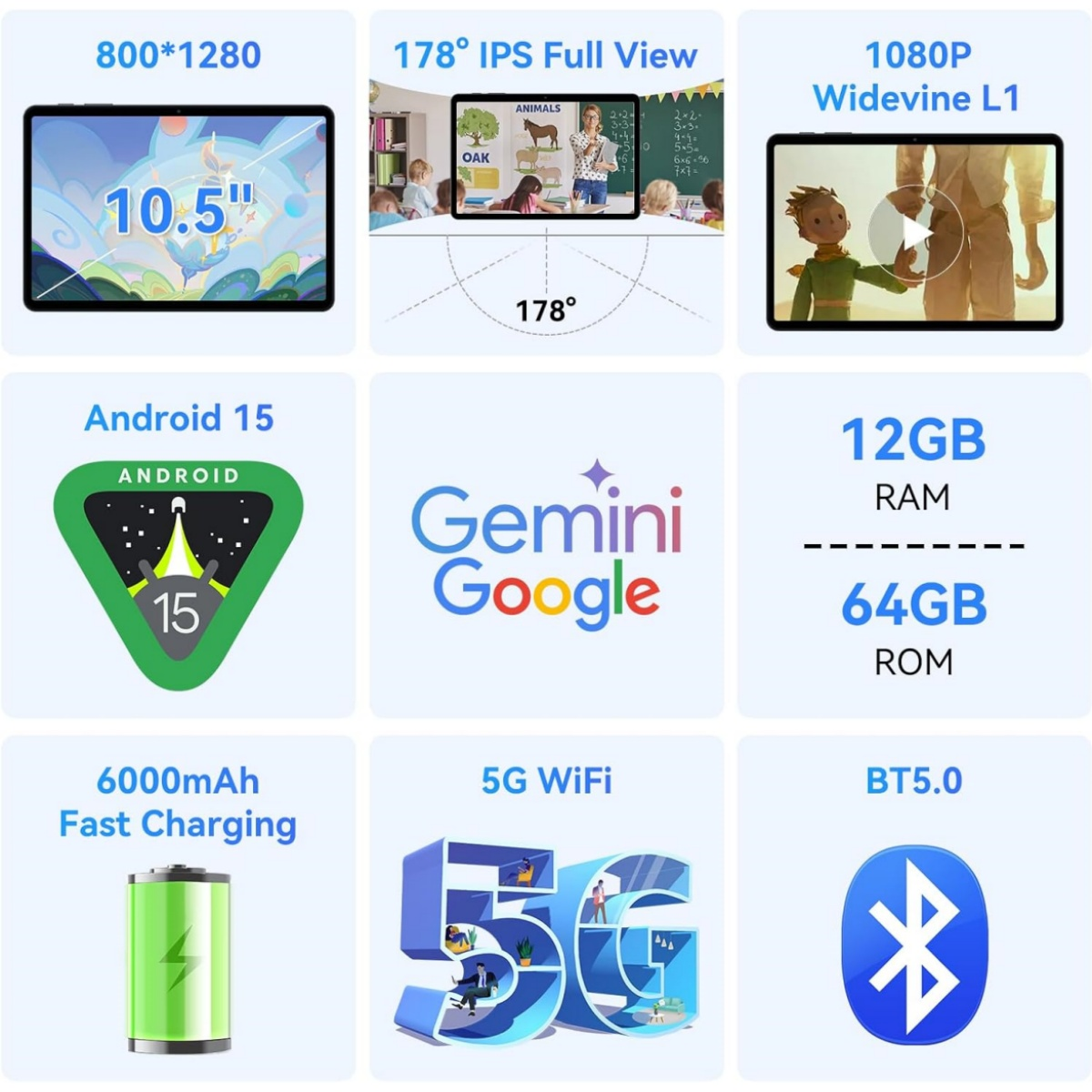 Una tableta que muestra diferentes funciones, incluyendo detalles de pantalla y logotipos de aplicaciones.