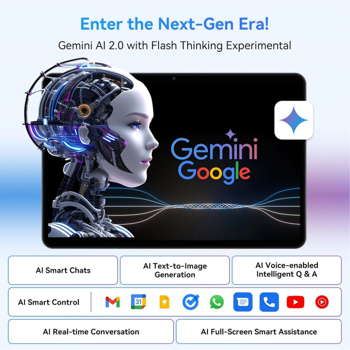 Una tableta con una imagen futurista de una mujer IA, más iconos y texto que promocionan Gemini AI 2.0.