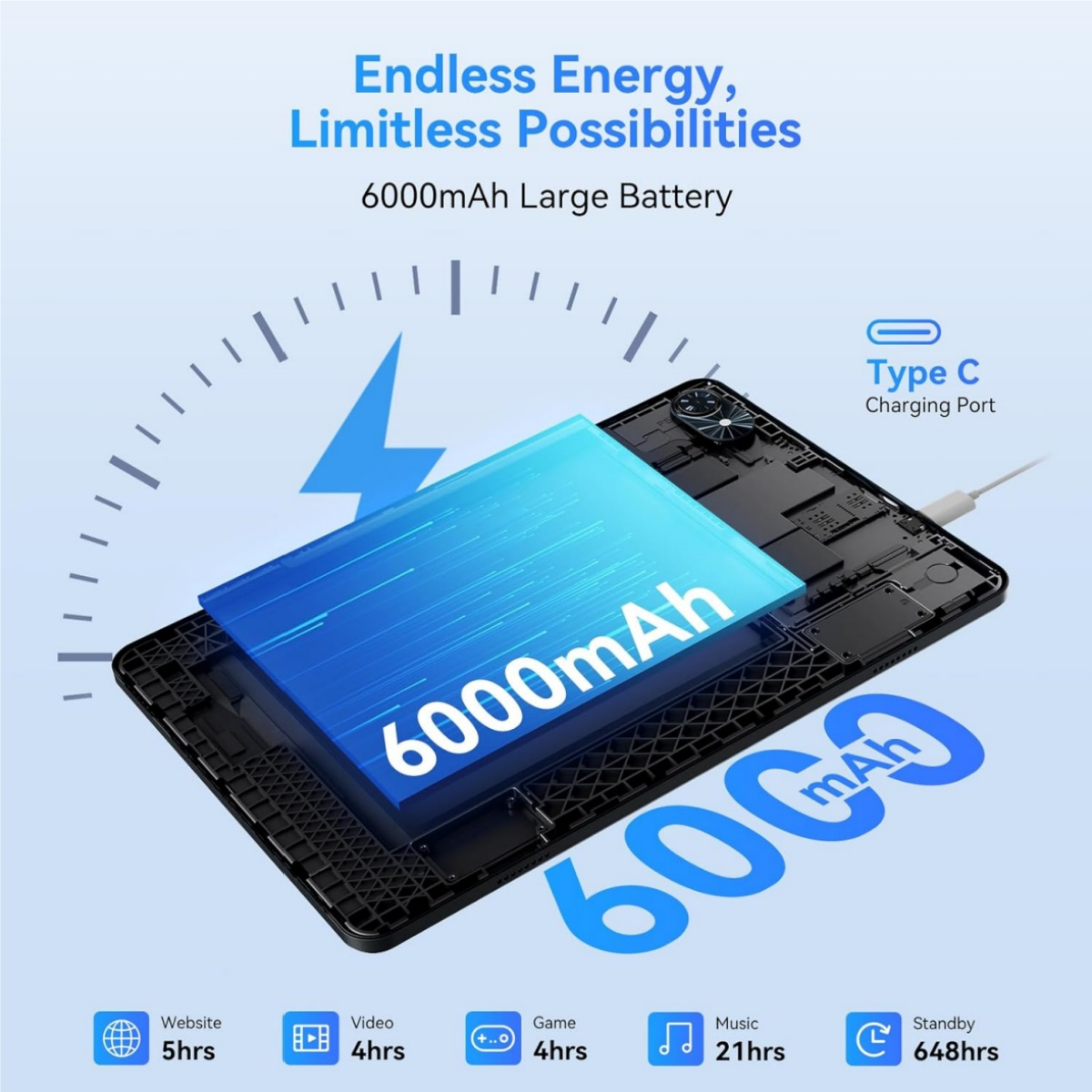 Una tableta con texto que indica una batería de 6000 mAh, con tiempos de uso para sitio web, video, juego, música y espera.