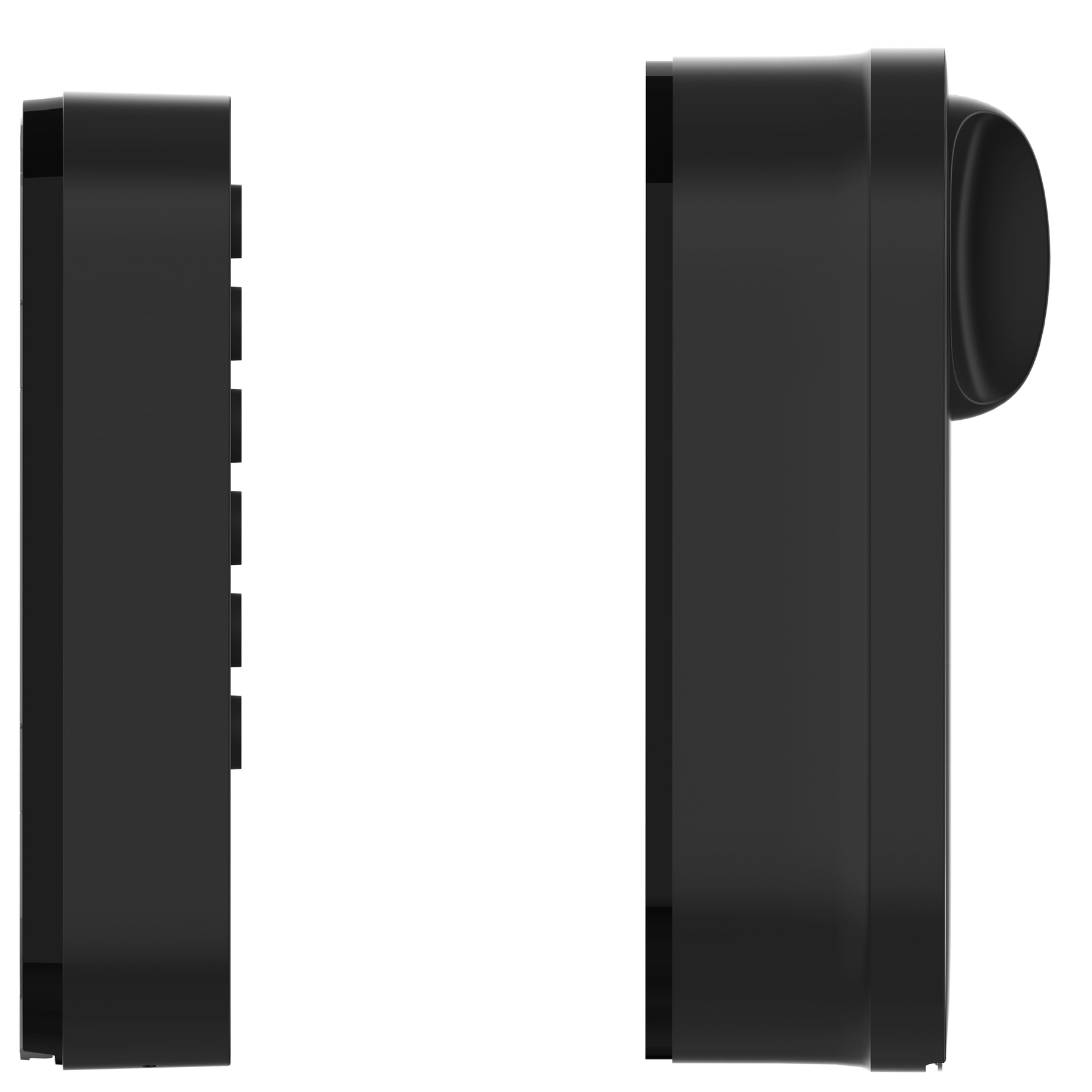 Dwa czarne urządzenia elektroniczne. Lewe z pionowymi liniami, prawe z przyciskiem.