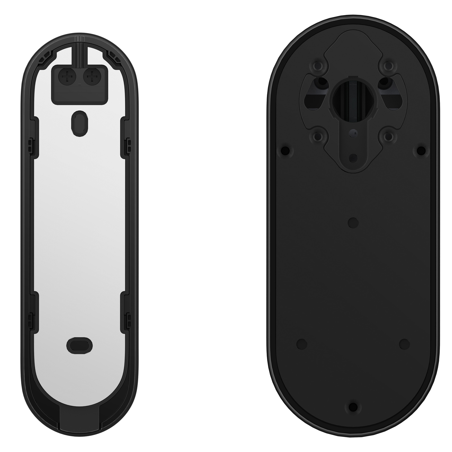 Dwa czarne elementy dzwonka, jeden pokazujący wnętrze, a drugi zewnętrzną stronę.