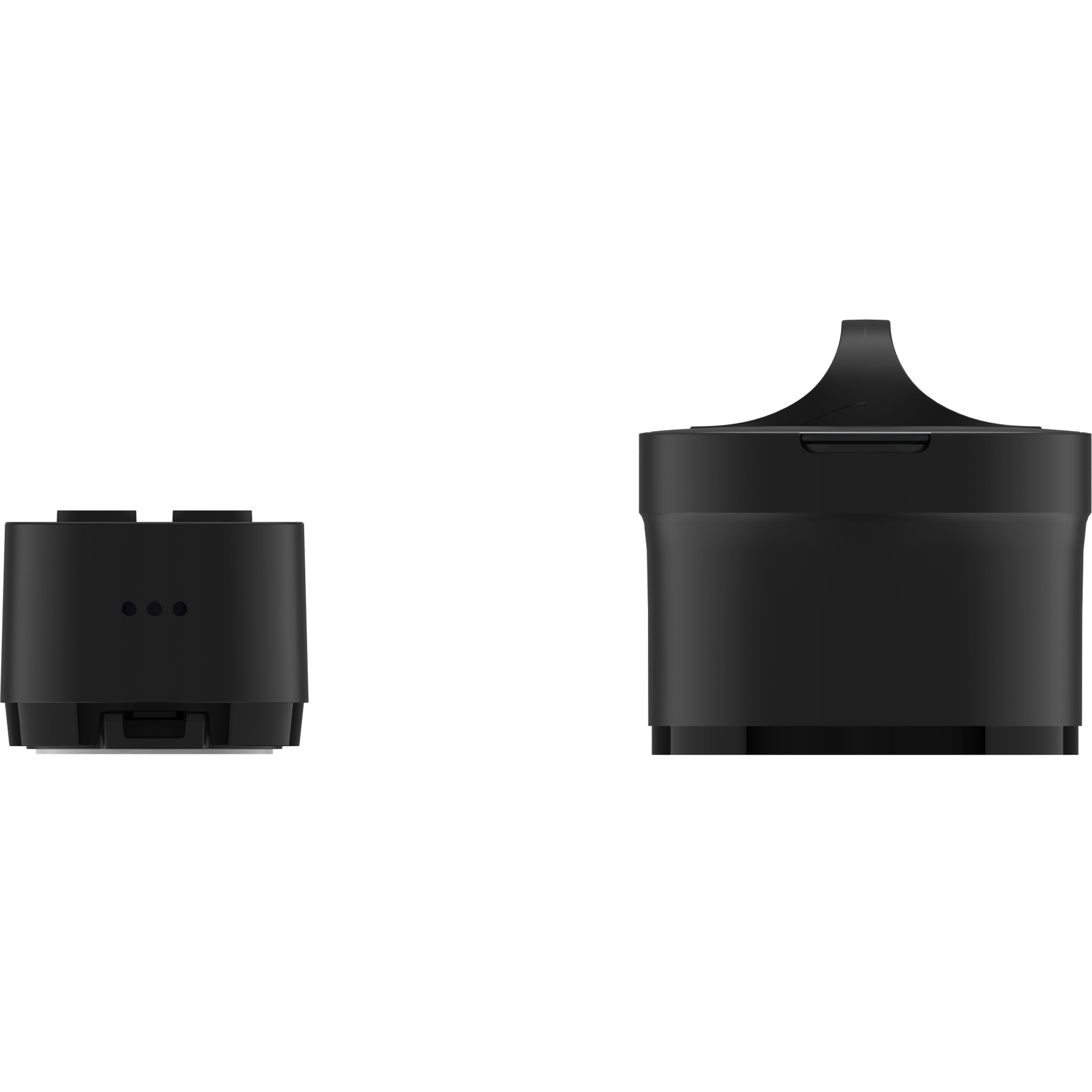 Dwa czarne urządzenia ładujące na białym tle. Jedno to widok z boku, drugie to widok z góry.