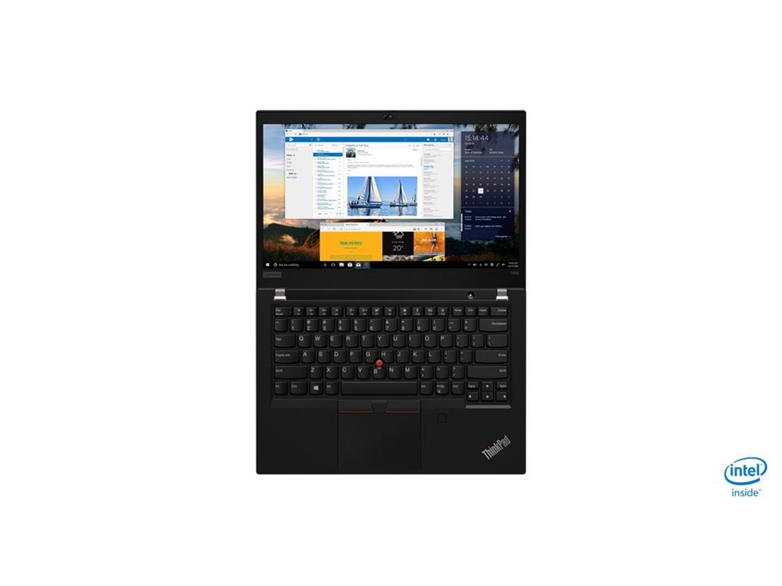 Schwarzer Laptop, geöffnet, zeigt einen Desktop mit verschiedenen Fenstern. Der Laptop hat eine Tastatur und ein Trackpad.