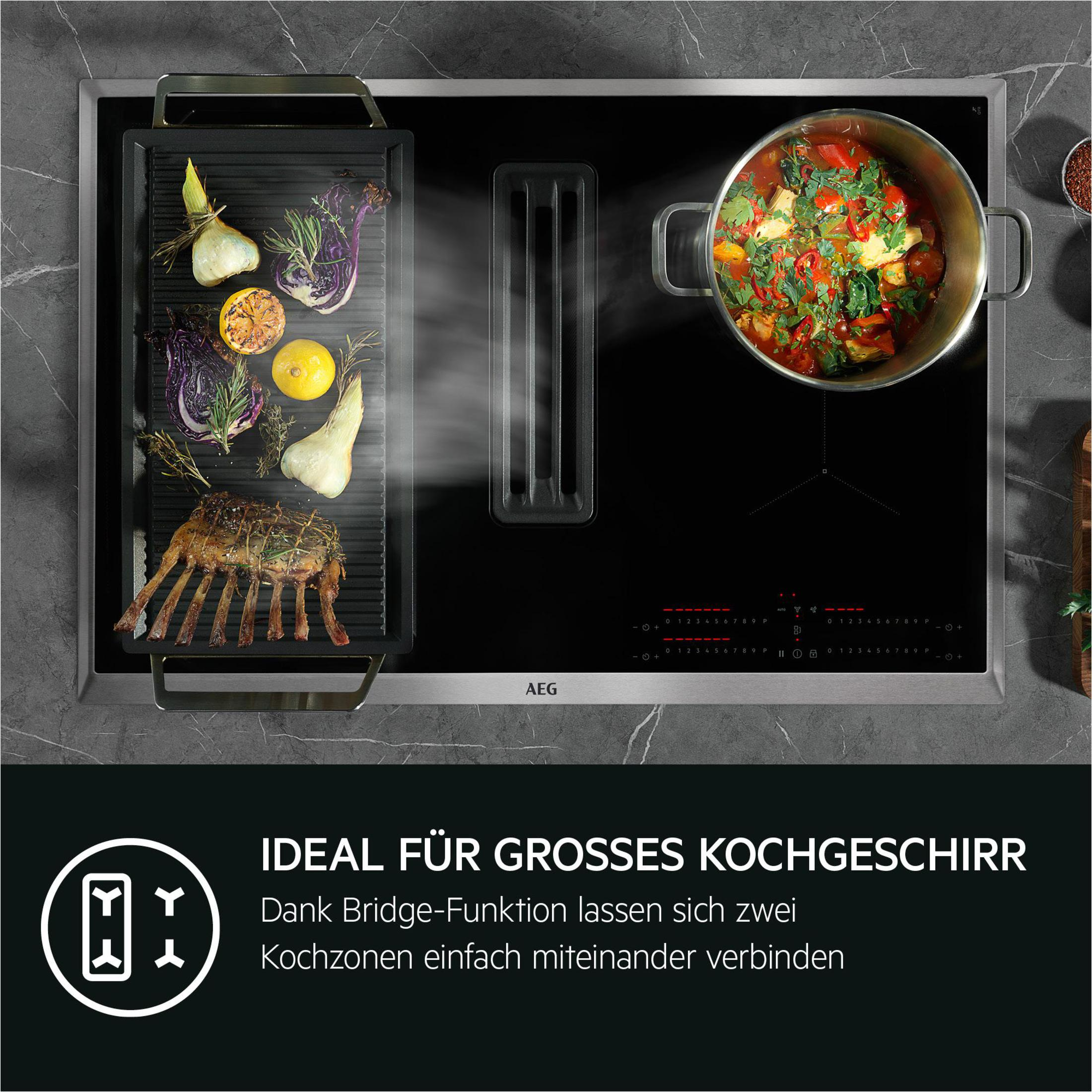 Kochfeld mit kochendem Essen, Grillrost und Text über großes Kochgeschirr.