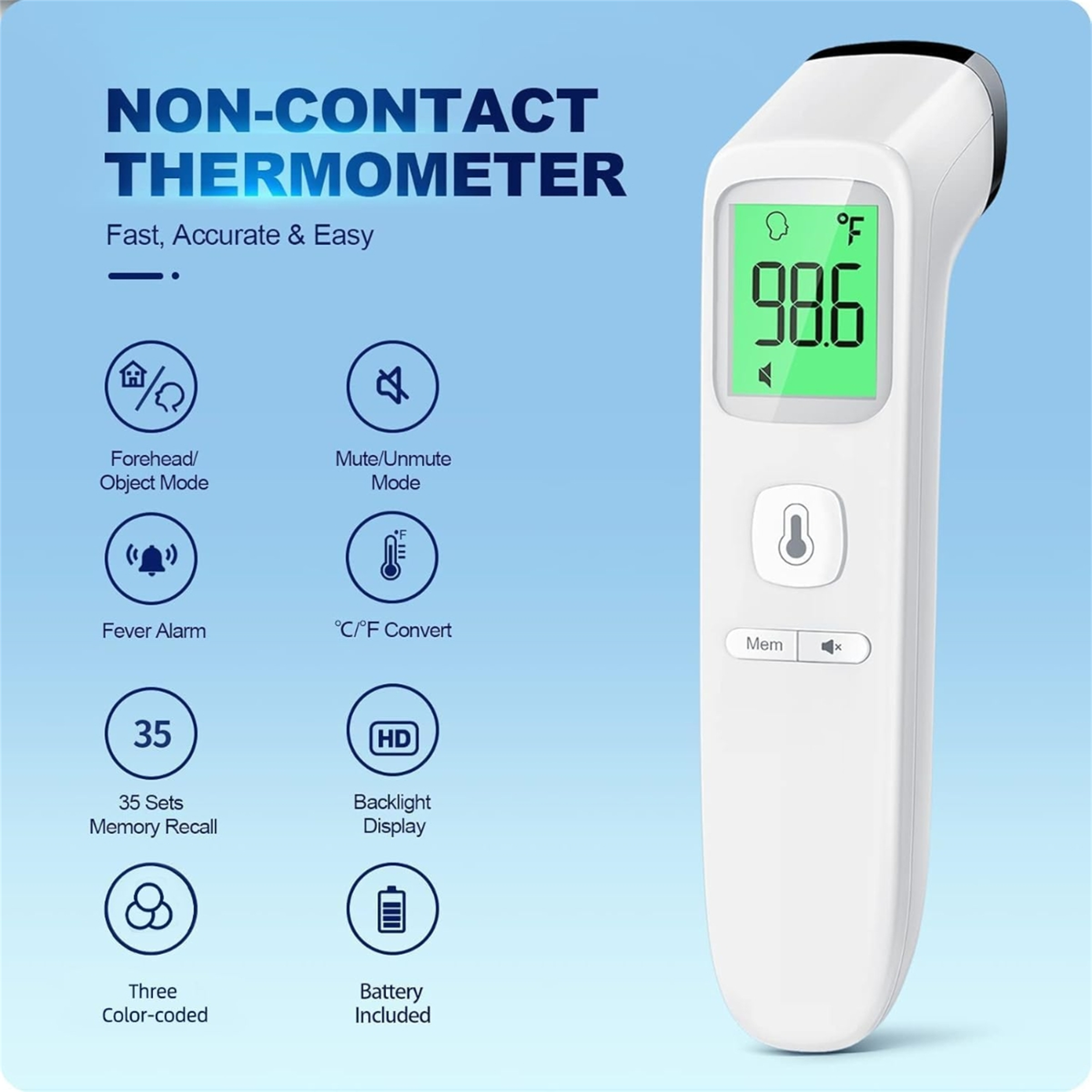 Berührungsloses Thermometer, zeigt eine Temperatur von 98,6°F, weißer Hintergrund.