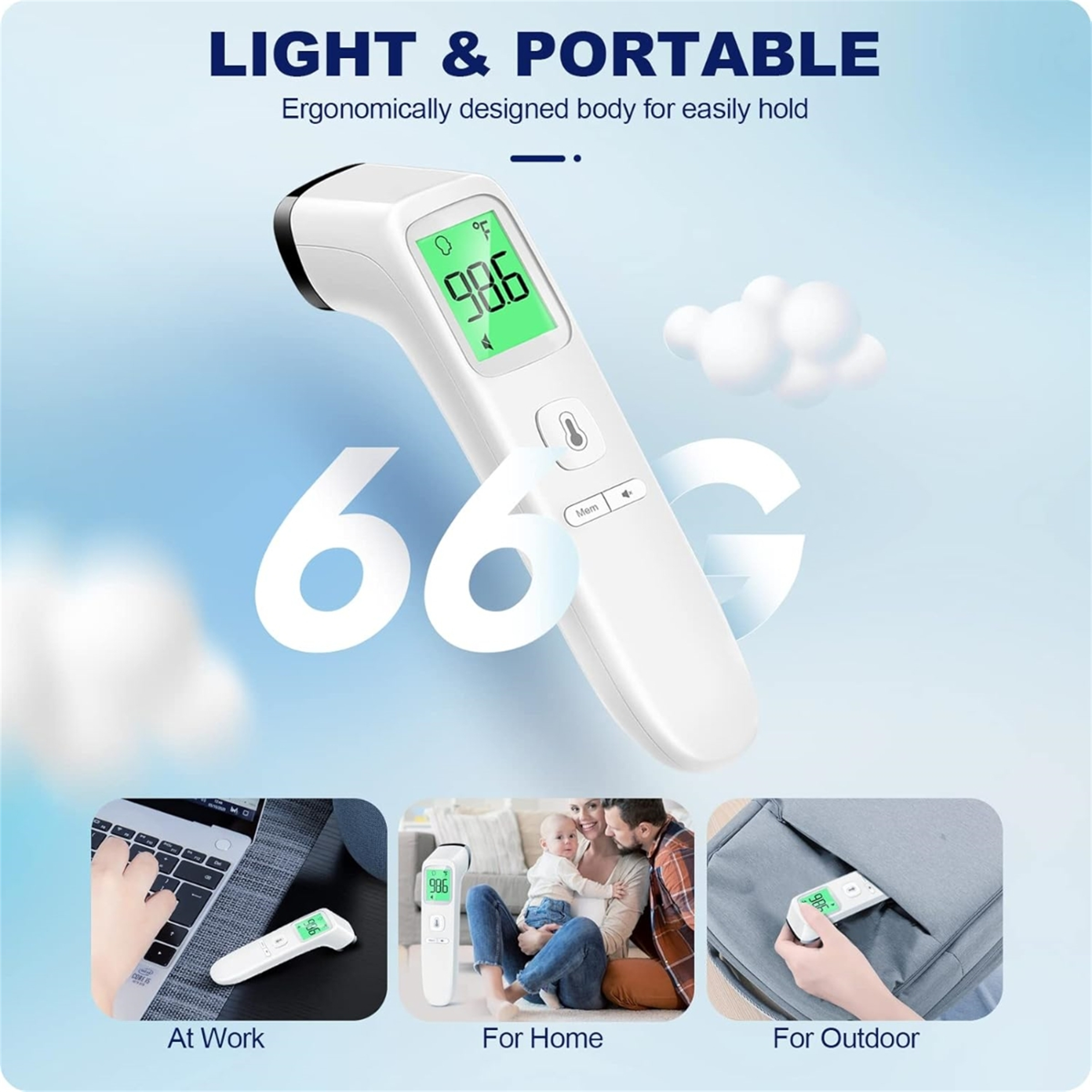 Weißes digitales Thermometer mit Display. Szenarien: Arbeit, Zuhause, Outdoor.