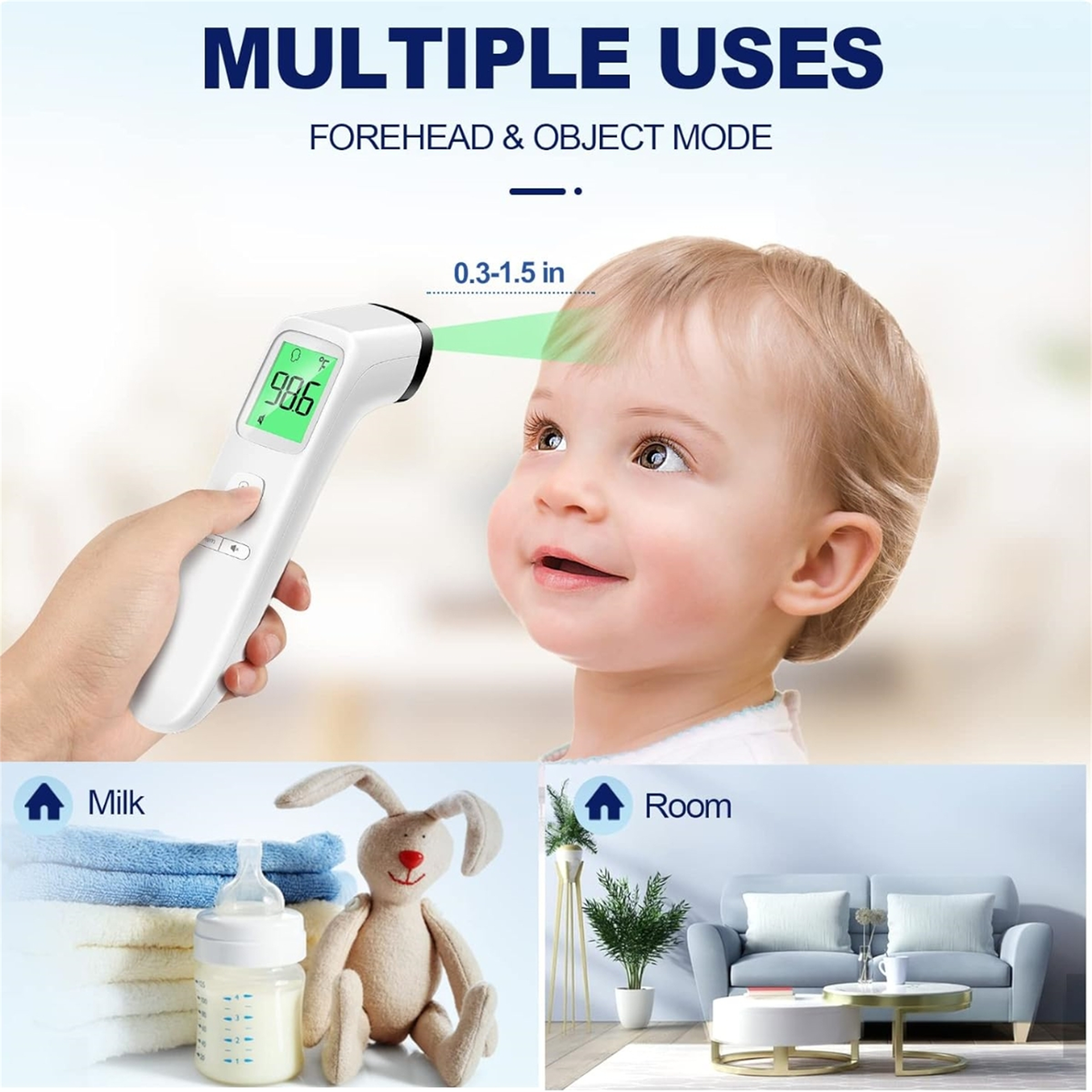 Ein kontaktloses Thermometer misst die Stirn eines Babys. Bilder von Milch, einem Spielzeug und einem Raum.