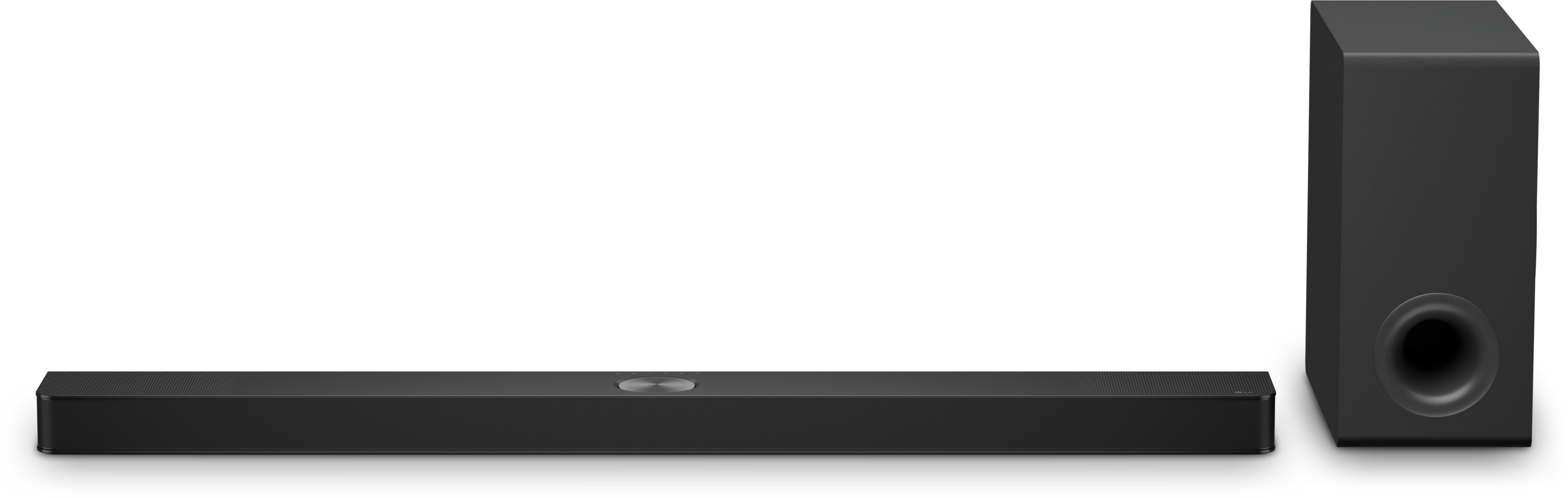 Schwarze Soundbar und Subwoofer. Die Soundbar ist lang, mit zwei Knöpfen und einem Subwoofer rechts.