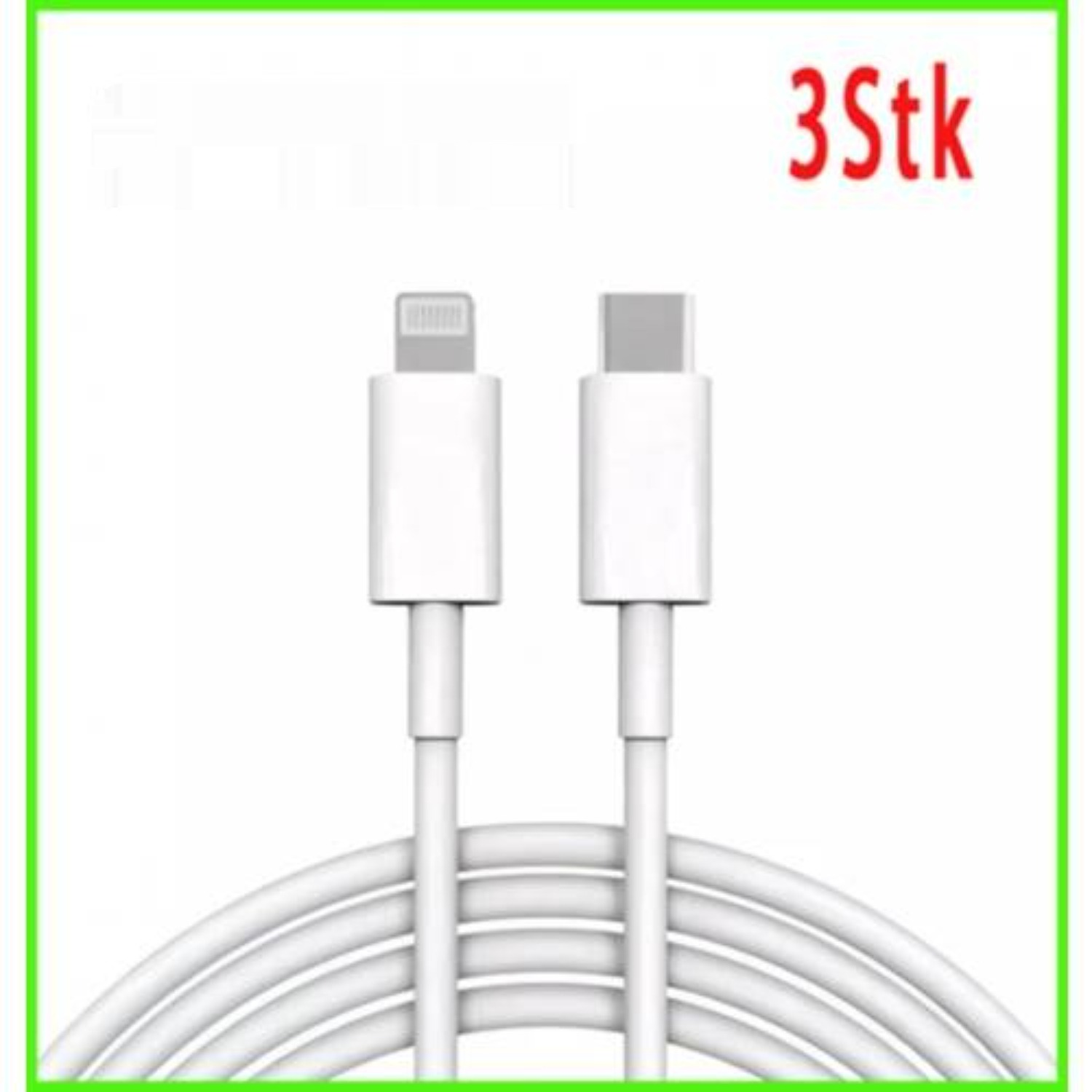 Zwei weiße Ladekabel, eines mit Lightning-Anschluss, das andere mit USB-C-Anschluss. Text 3 Stk.